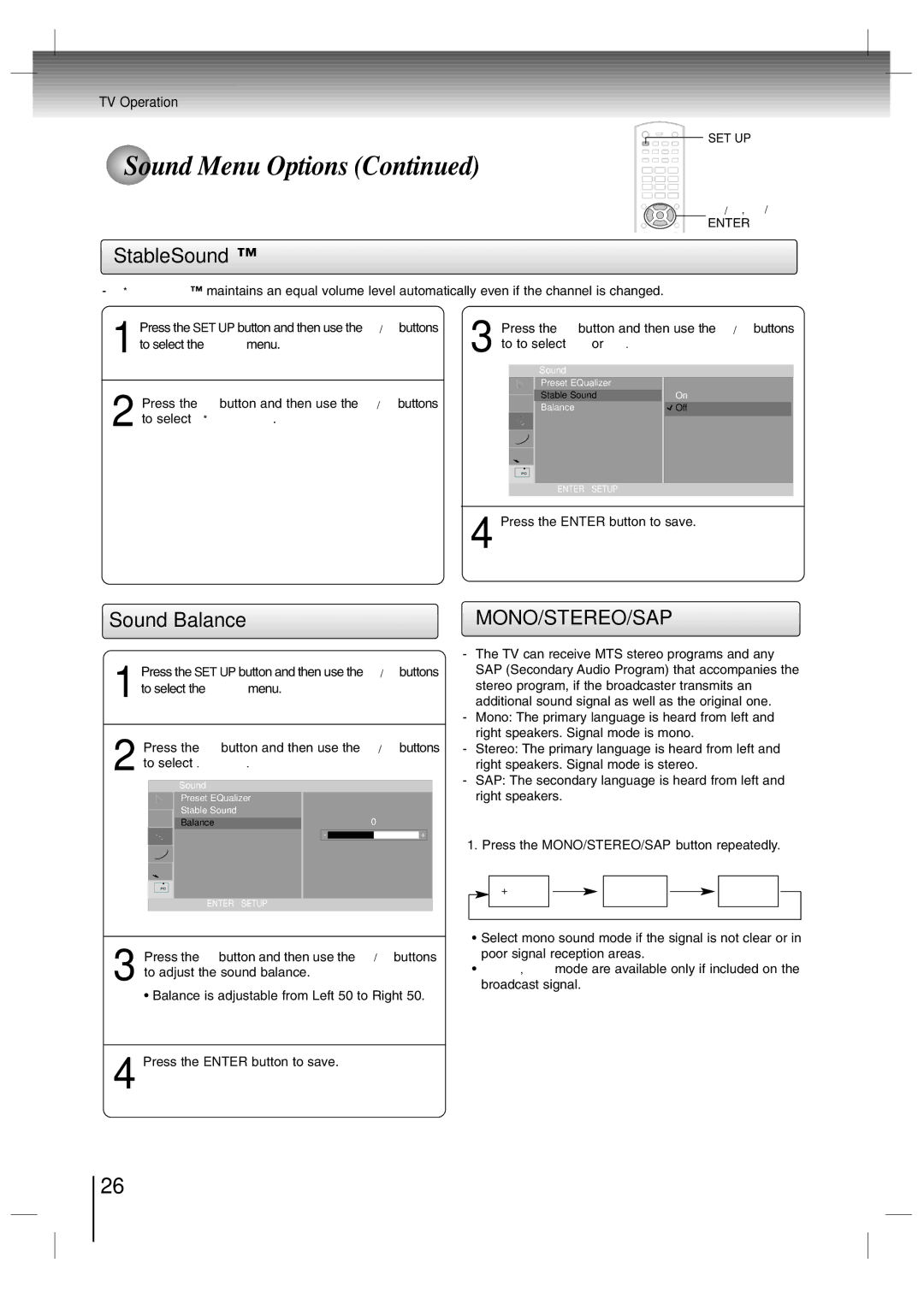 Toshiba SD-P7000 owner manual StableSound, Sound Balance 