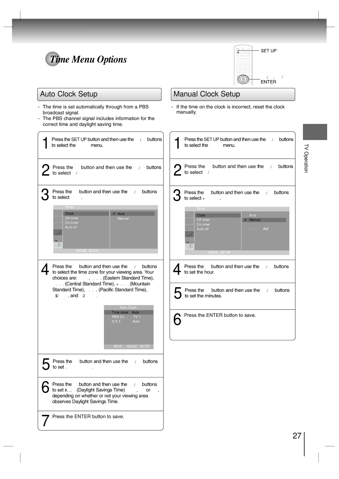 Toshiba SD-P7000 owner manual Time Menu Options, Auto Clock Setup, Manual Clock Setup 