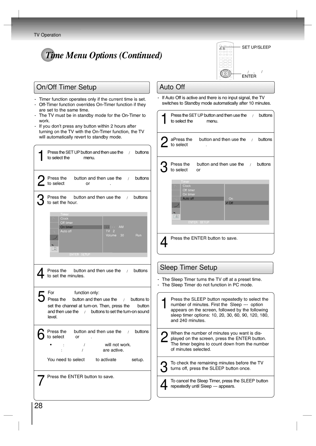 Toshiba SD-P7000 owner manual On/Off Timer Setup, Auto Off, Sleep Timer Setup, For On timer function only 