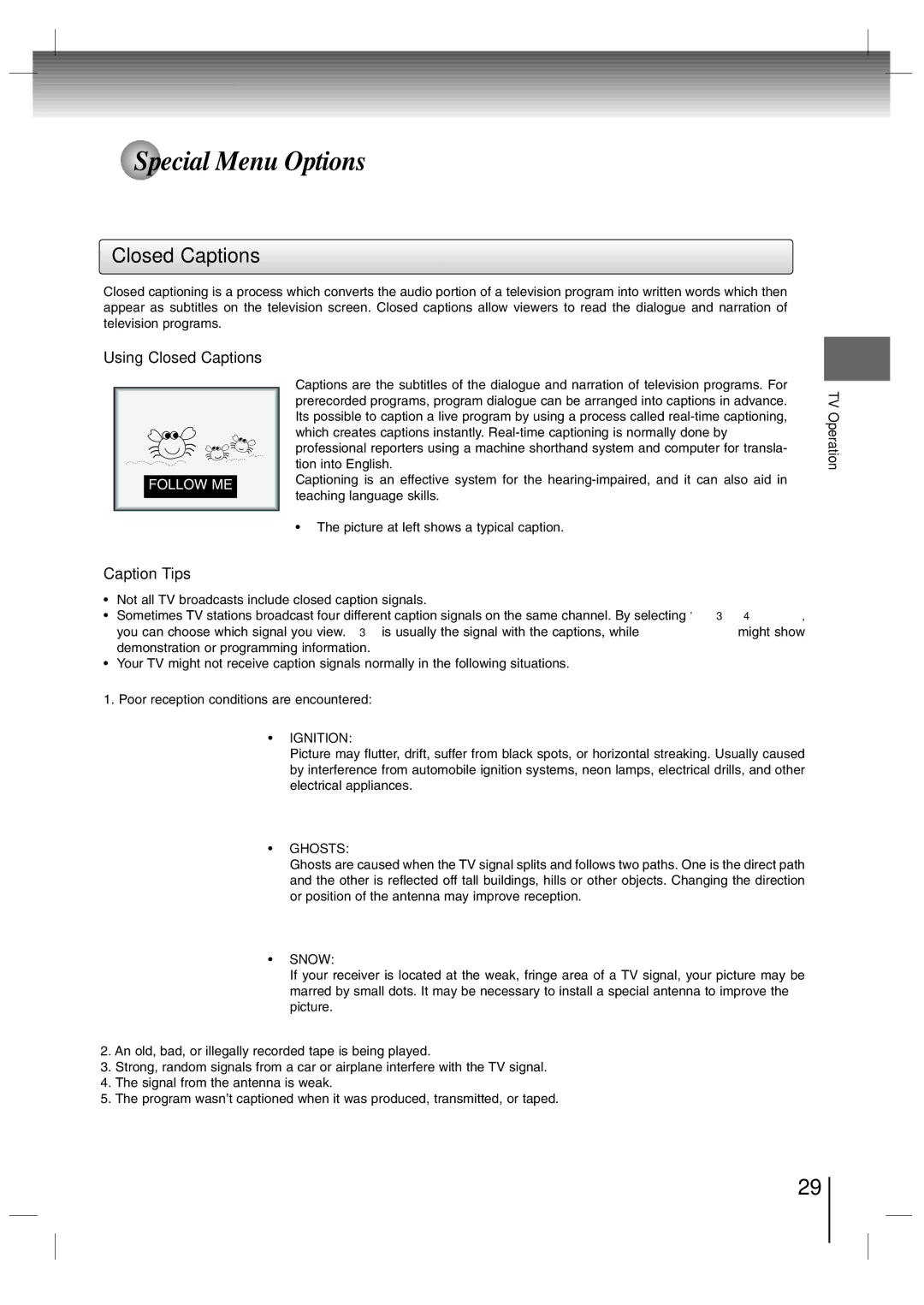 Toshiba SD-P7000 owner manual Special Menu Options, Using Closed Captions, Caption Tips 