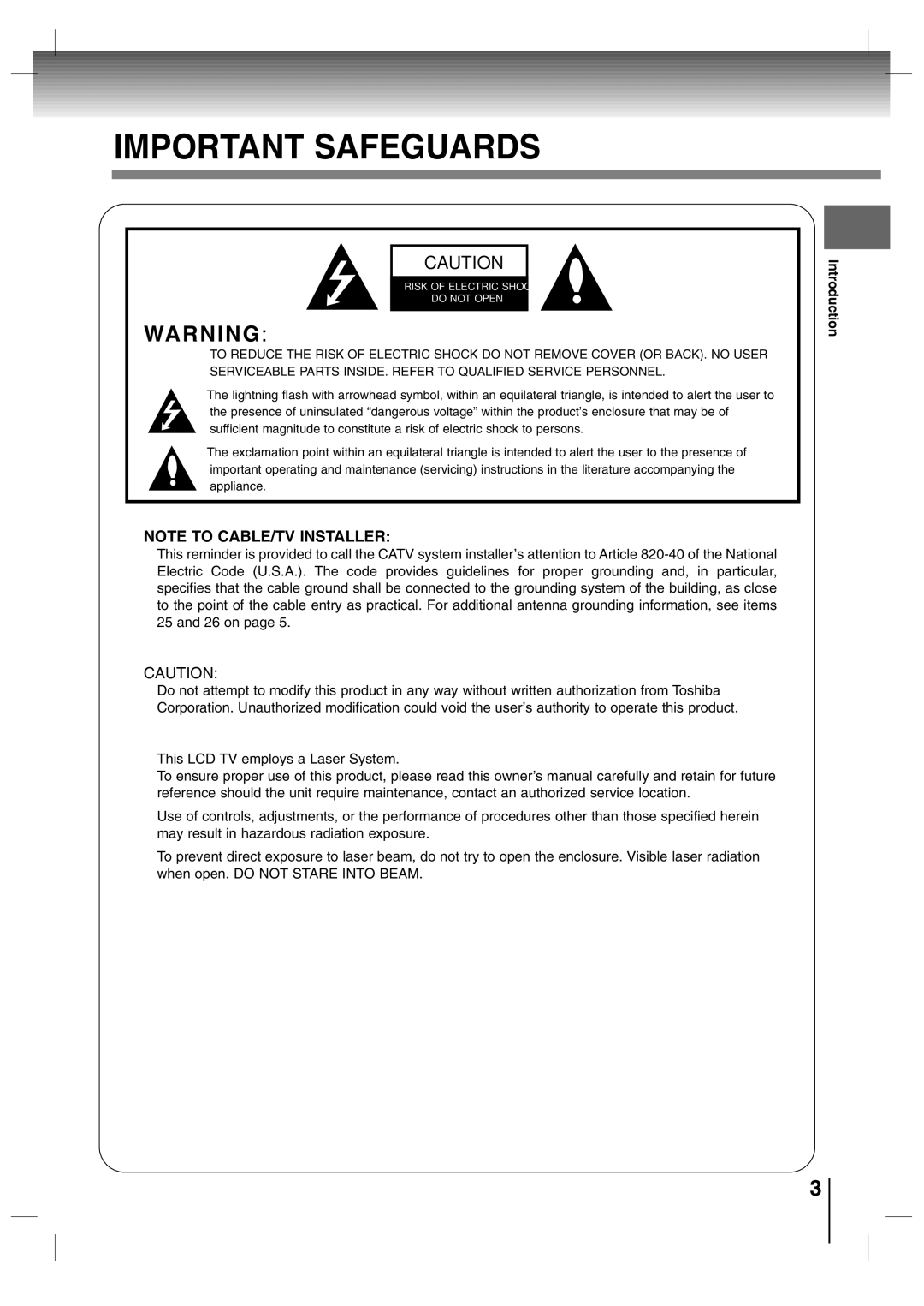 Toshiba SD-P7000 owner manual Important Safeguards, Introduction 