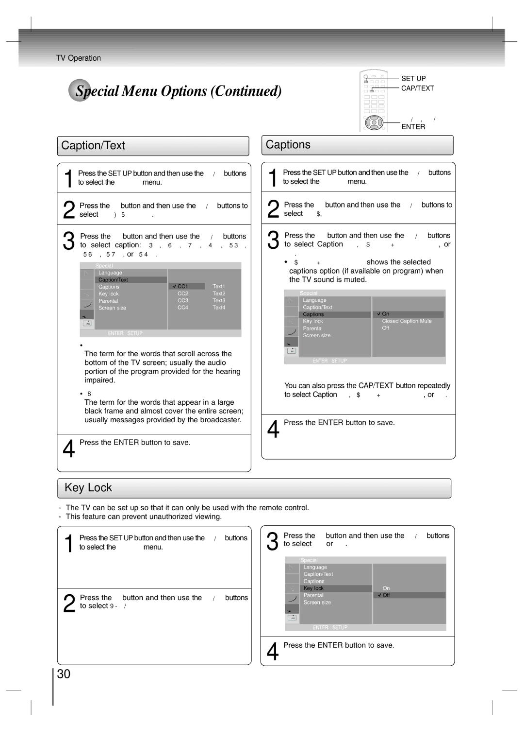 Toshiba SD-P7000 owner manual Caption/Text Captions, Key Lock 