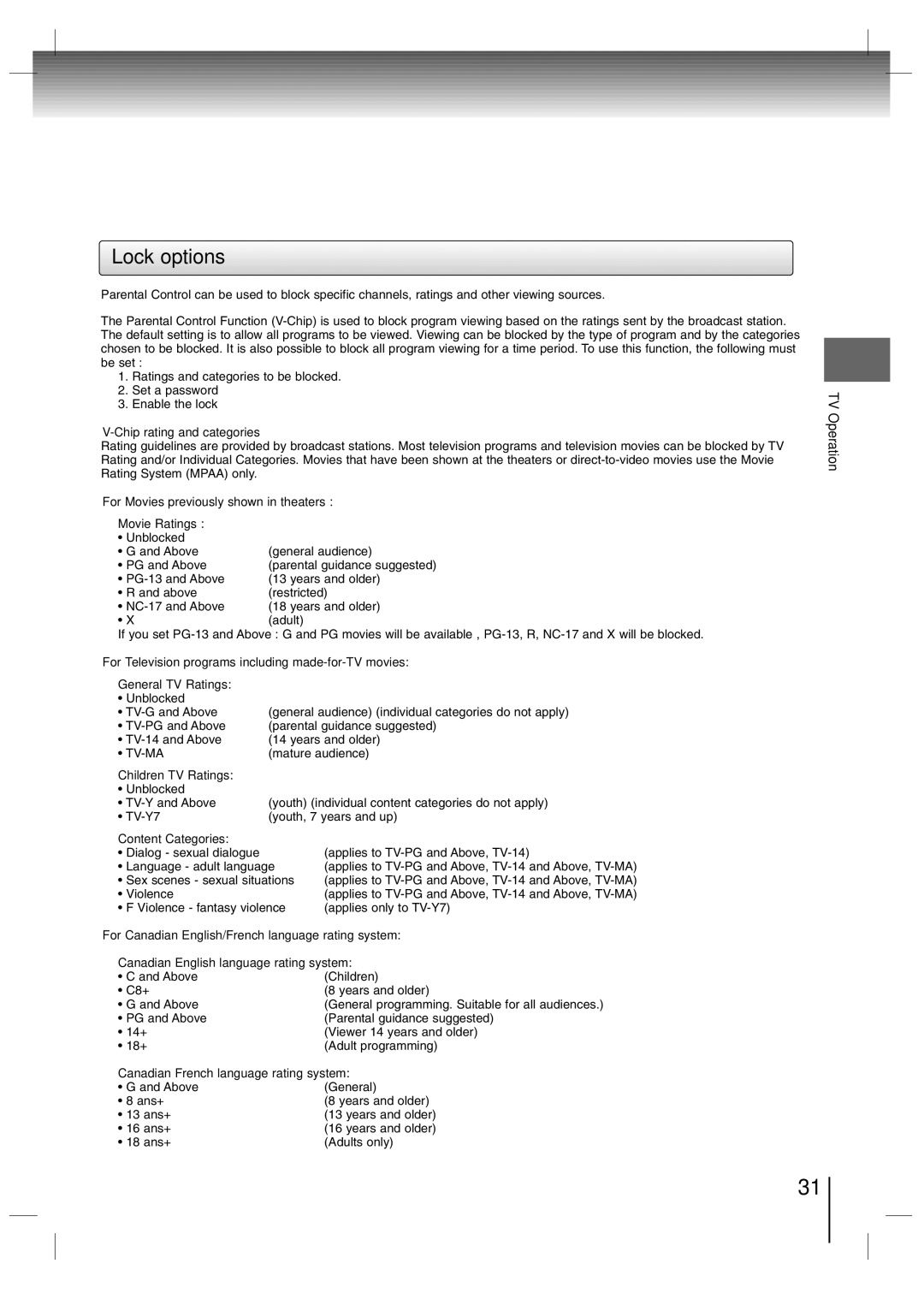 Toshiba SD-P7000 owner manual Lock options 