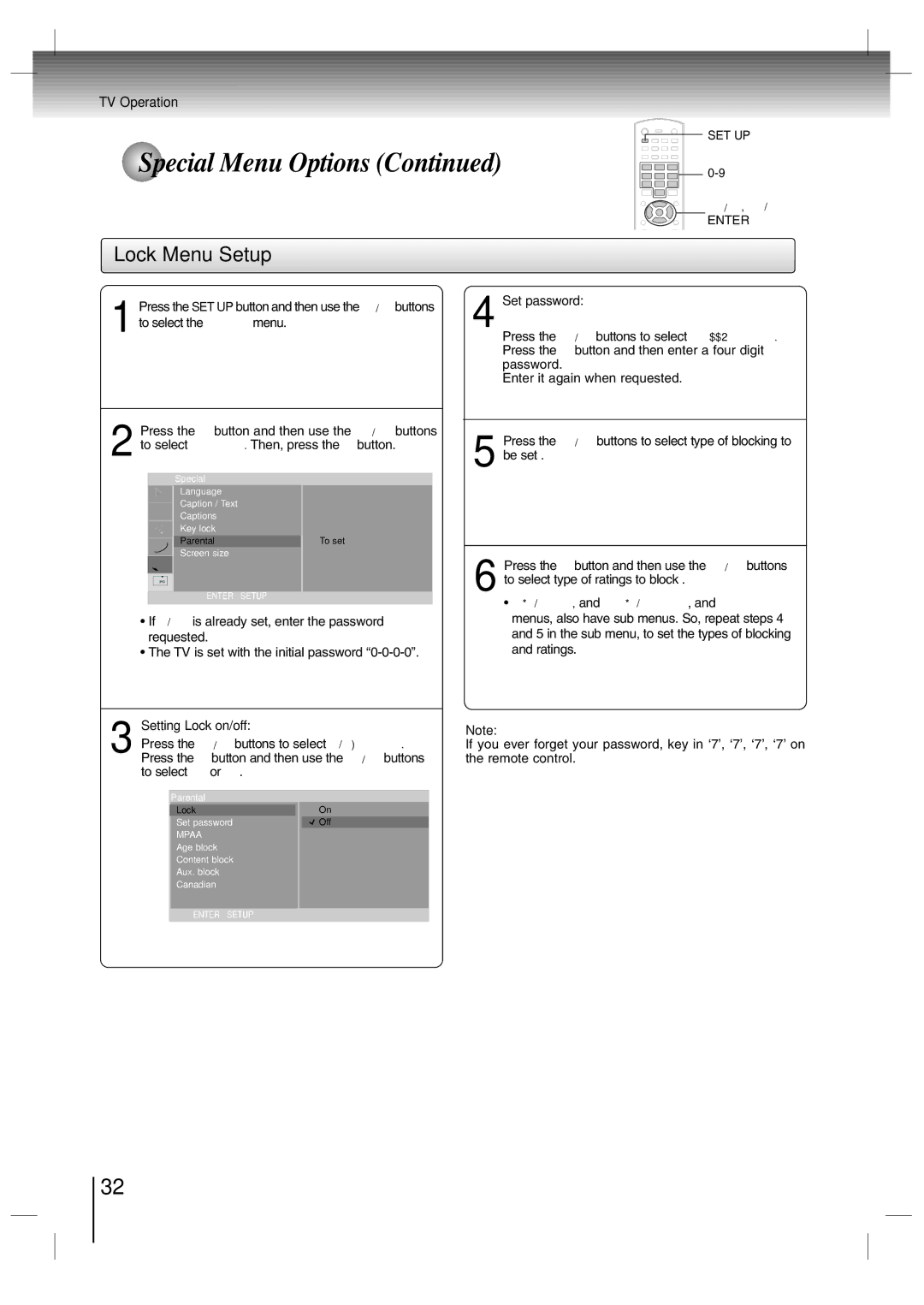 Toshiba SD-P7000 owner manual Lock Menu Setup, Set password, Setting Lock on/off 