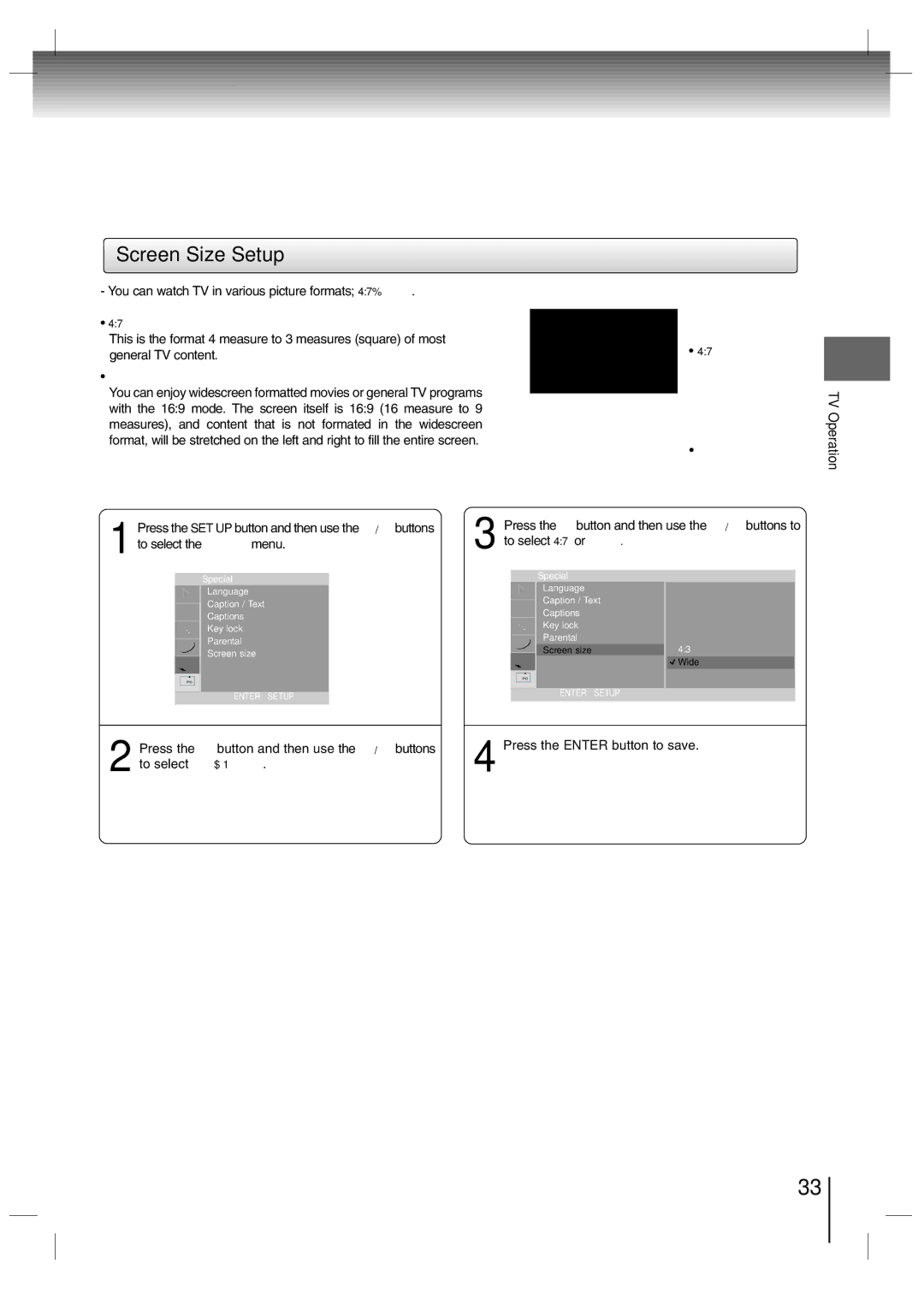 Toshiba SD-P7000 owner manual Screen Size Setup 