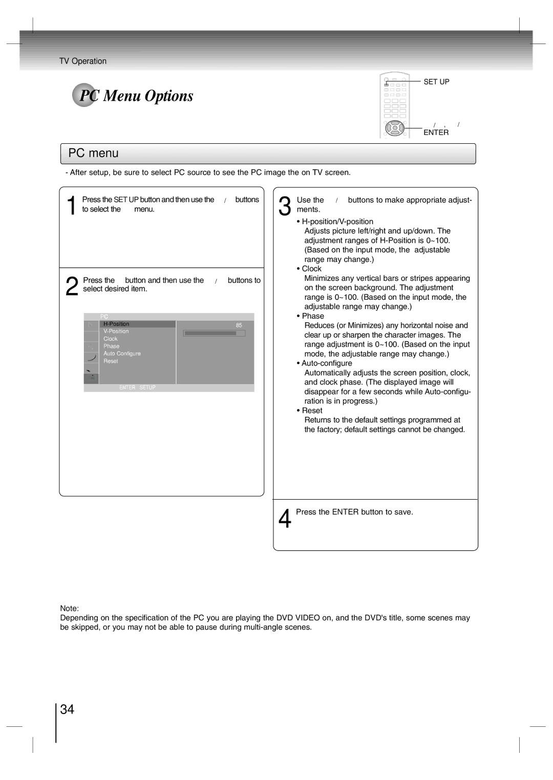 Toshiba SD-P7000 owner manual PC Menu Options, PC menu 