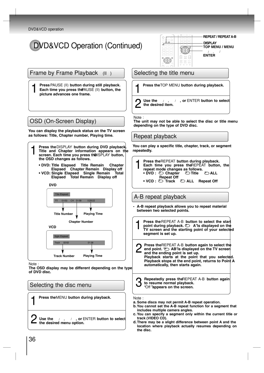 Toshiba SD-P7000 owner manual Frame by Frame Playback IIG, OSD On-Screen Display, Selecting the title menu, Repeat playback 