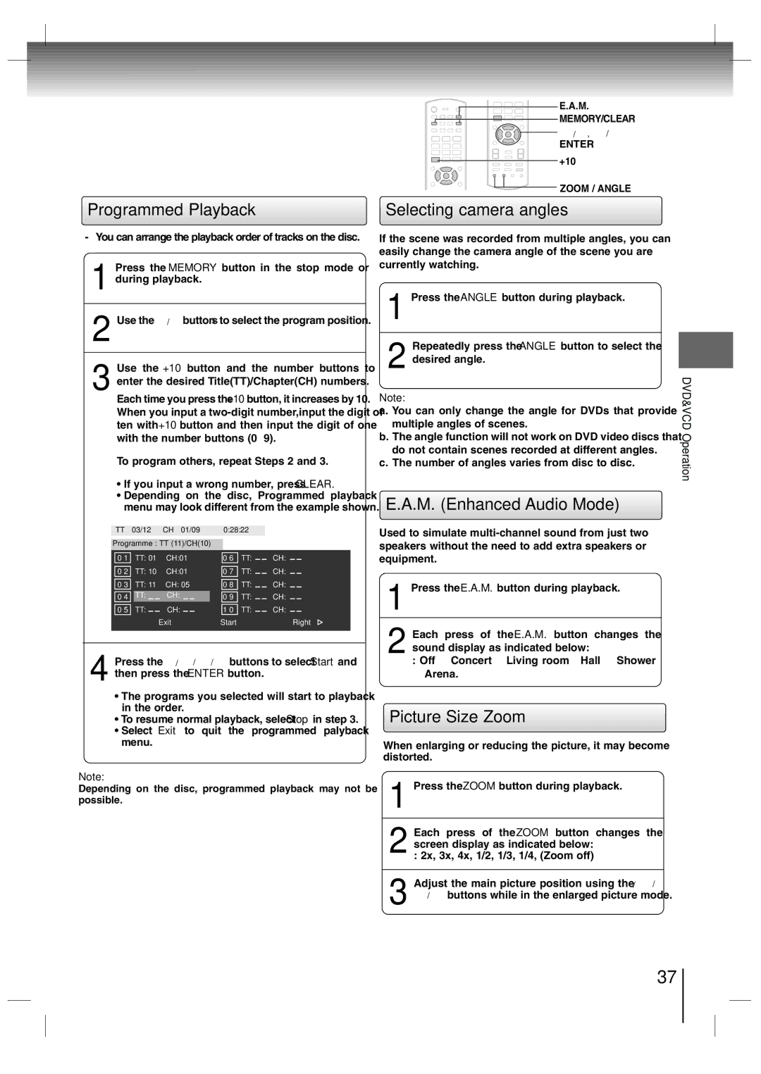 Toshiba SD-P7000 owner manual Programmed Playback, Selecting camera angles, M. Enhanced Audio Mode, Picture Size Zoom 