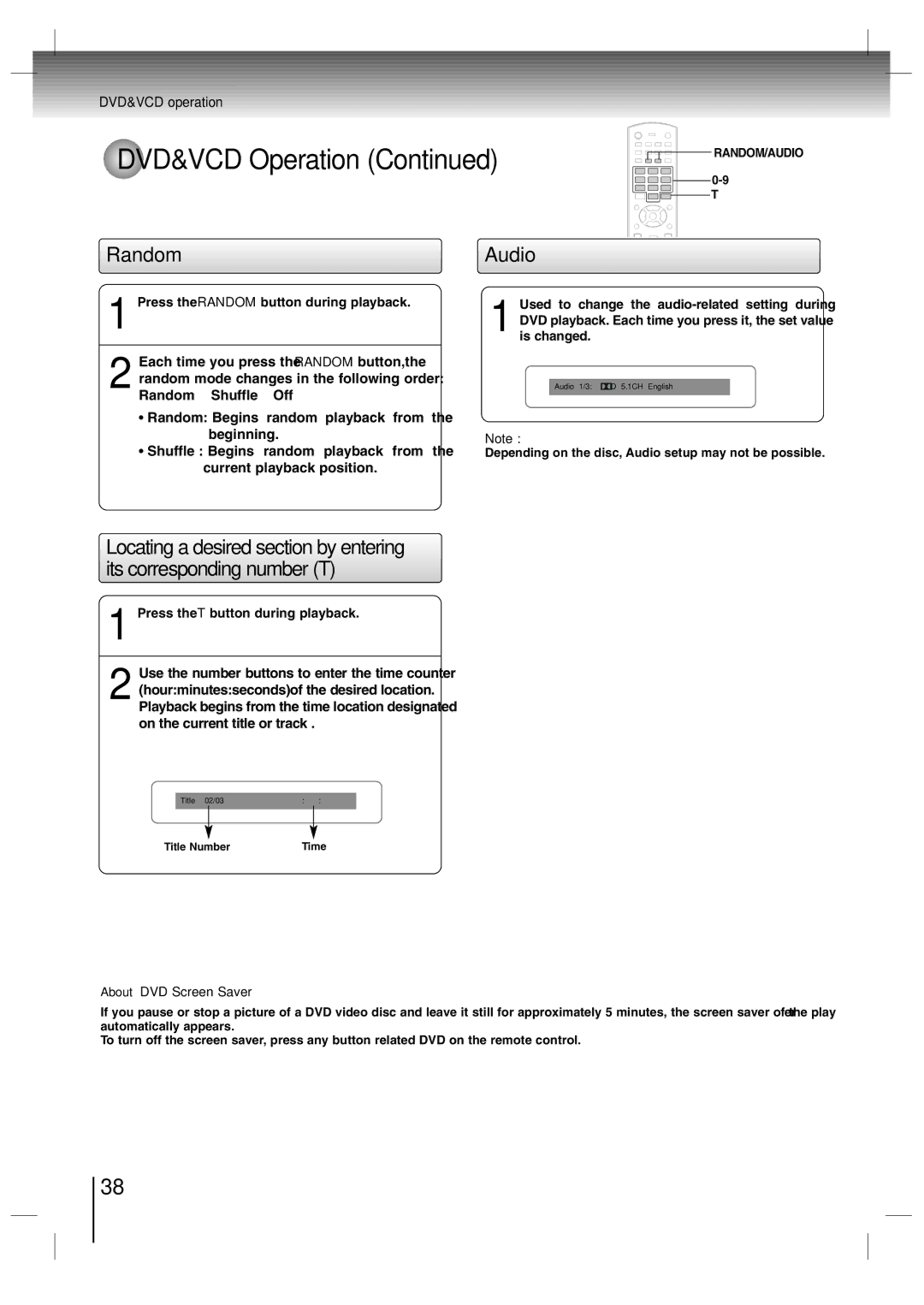 Toshiba SD-P7000 owner manual Random, Audio, About DVD Screen Saver 