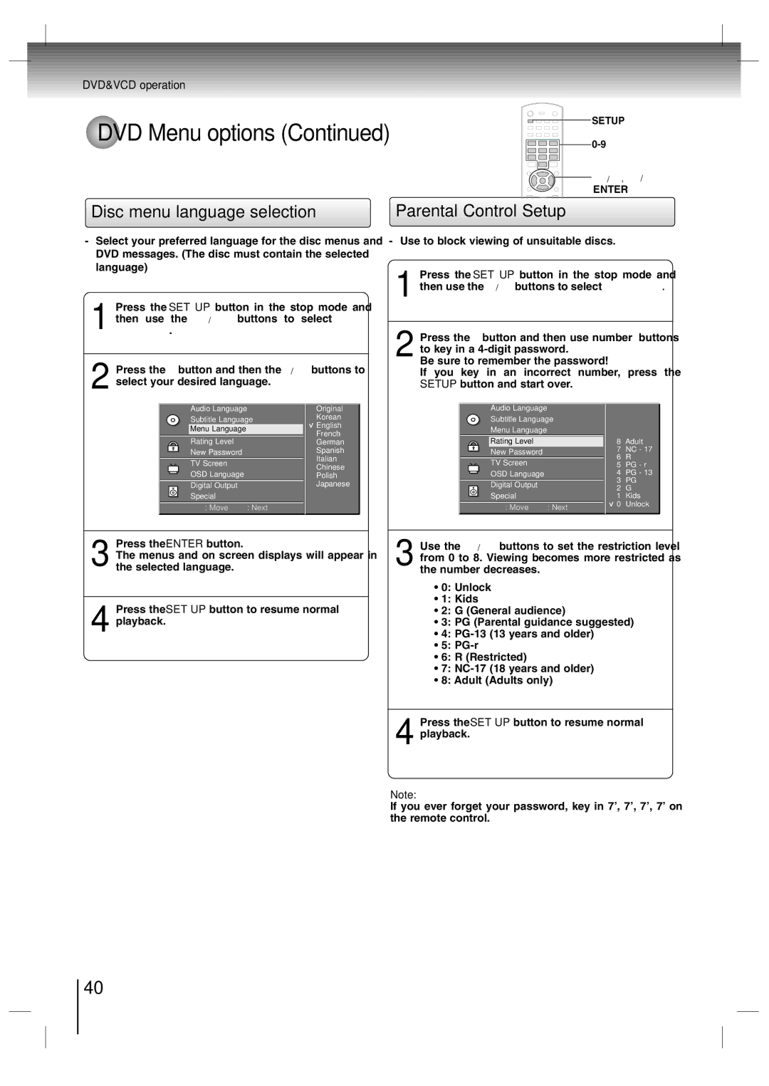 Toshiba SD-P7000 owner manual Disc menu language selection, Parental Control Setup 