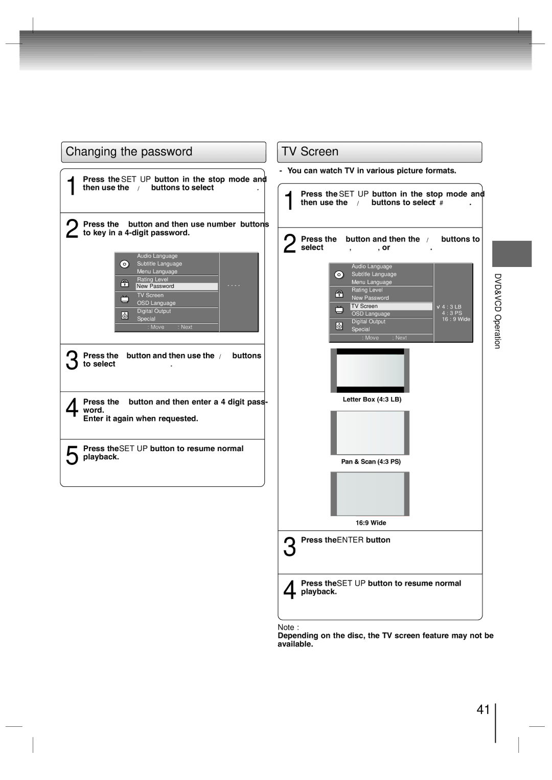 Toshiba SD-P7000 owner manual Changing the password, TV Screen 