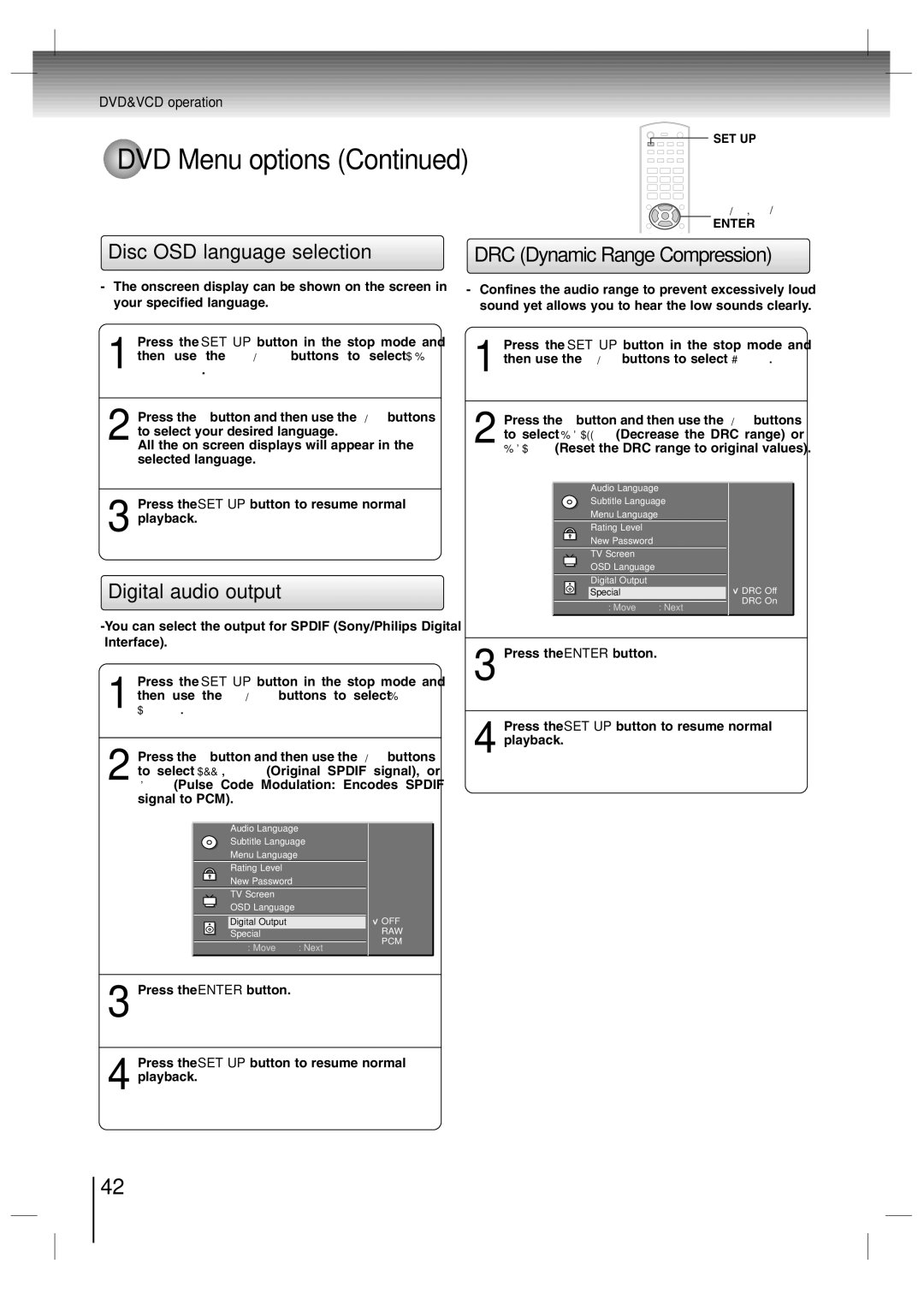 Toshiba SD-P7000 owner manual Disc OSD language selection, DRC Dynamic Range Compression, Digital audio output 