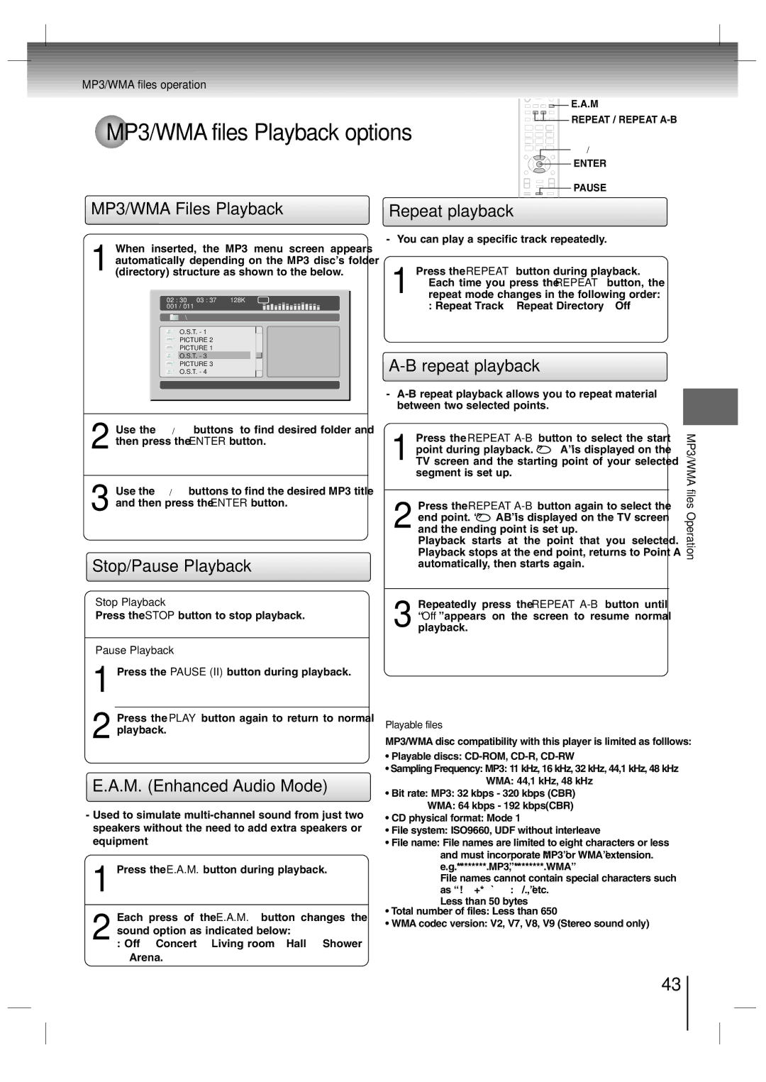 Toshiba SD-P7000 owner manual MP3/WMA files Playback options, MP3/WMA Files Playback, Stop/Pause Playback 