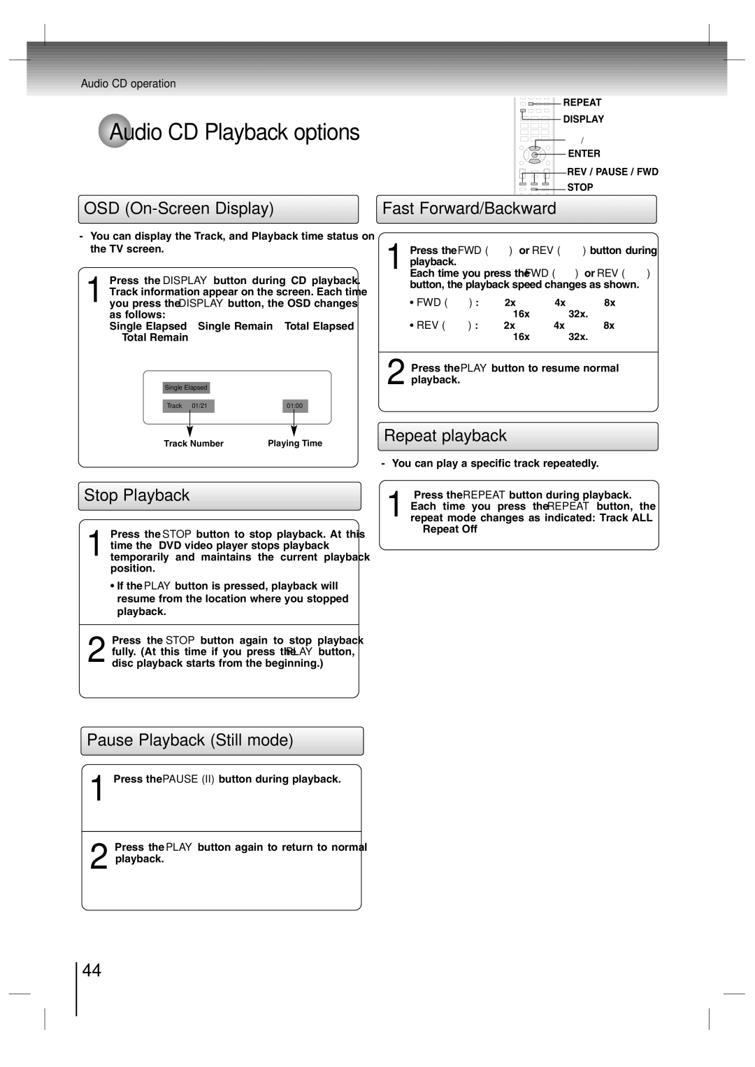 Toshiba SD-P7000 owner manual Audio CD Playback options, OSD On-Screen Display 