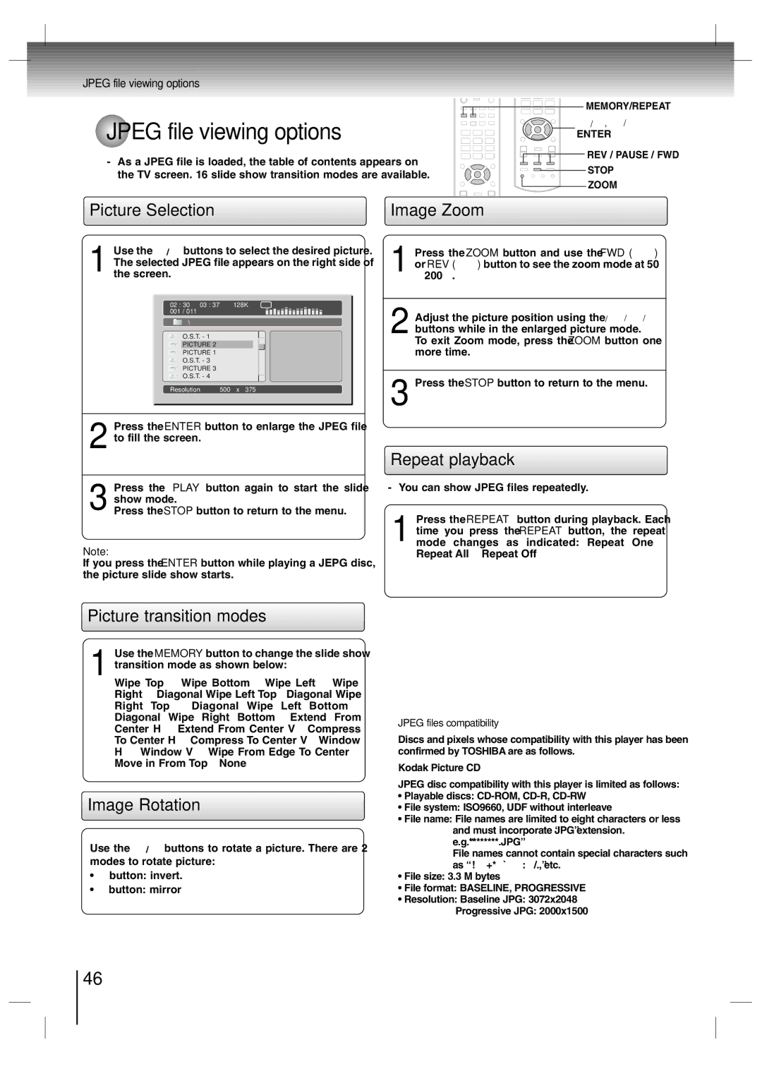 Toshiba SD-P7000 Jpeg file viewing options, Picture Selection Image Zoom, Picture transition modes, Image Rotation 