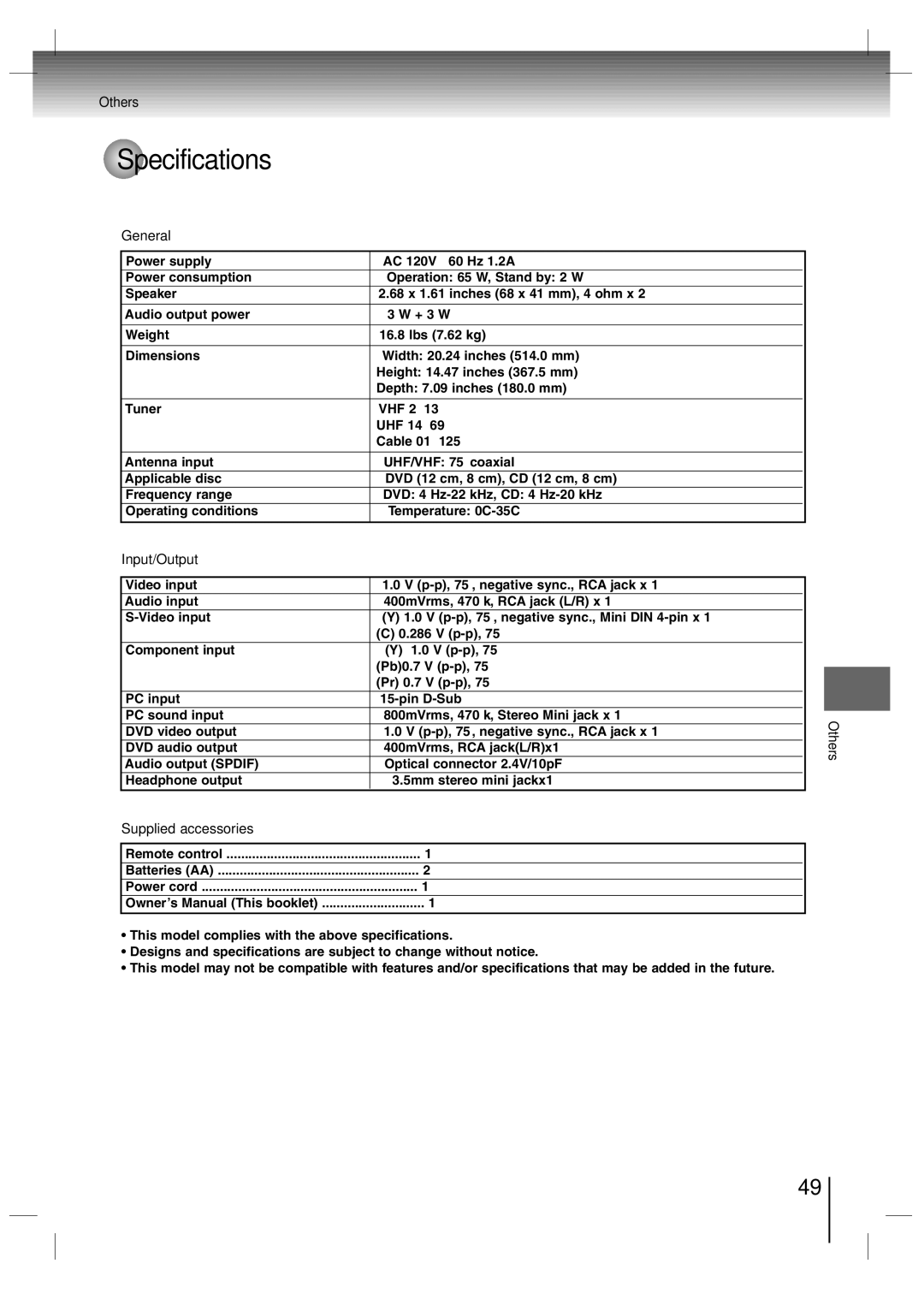 Toshiba SD-P7000 owner manual Specifications, General 