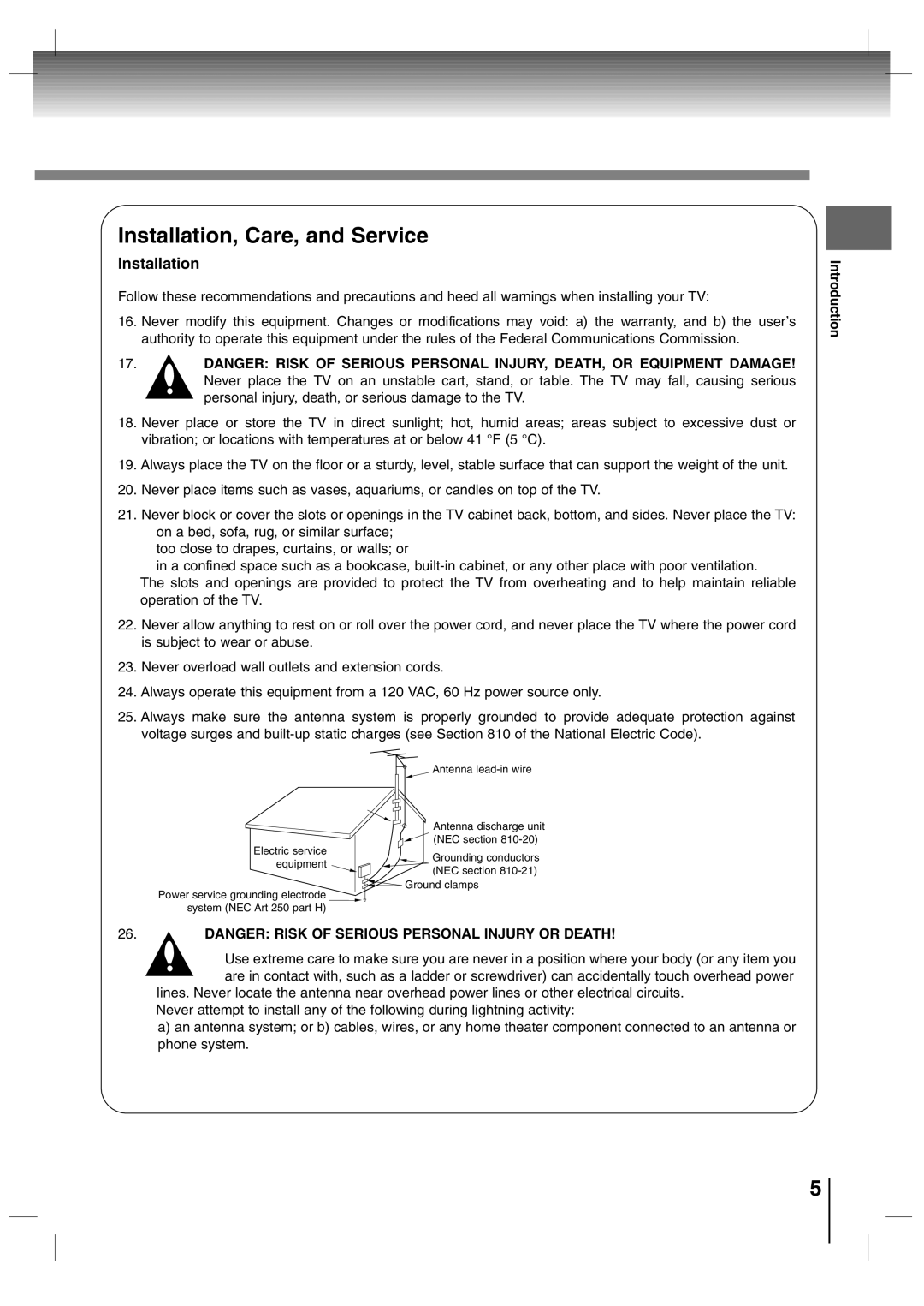 Toshiba SD-P7000 owner manual Installation, Care, and Service 