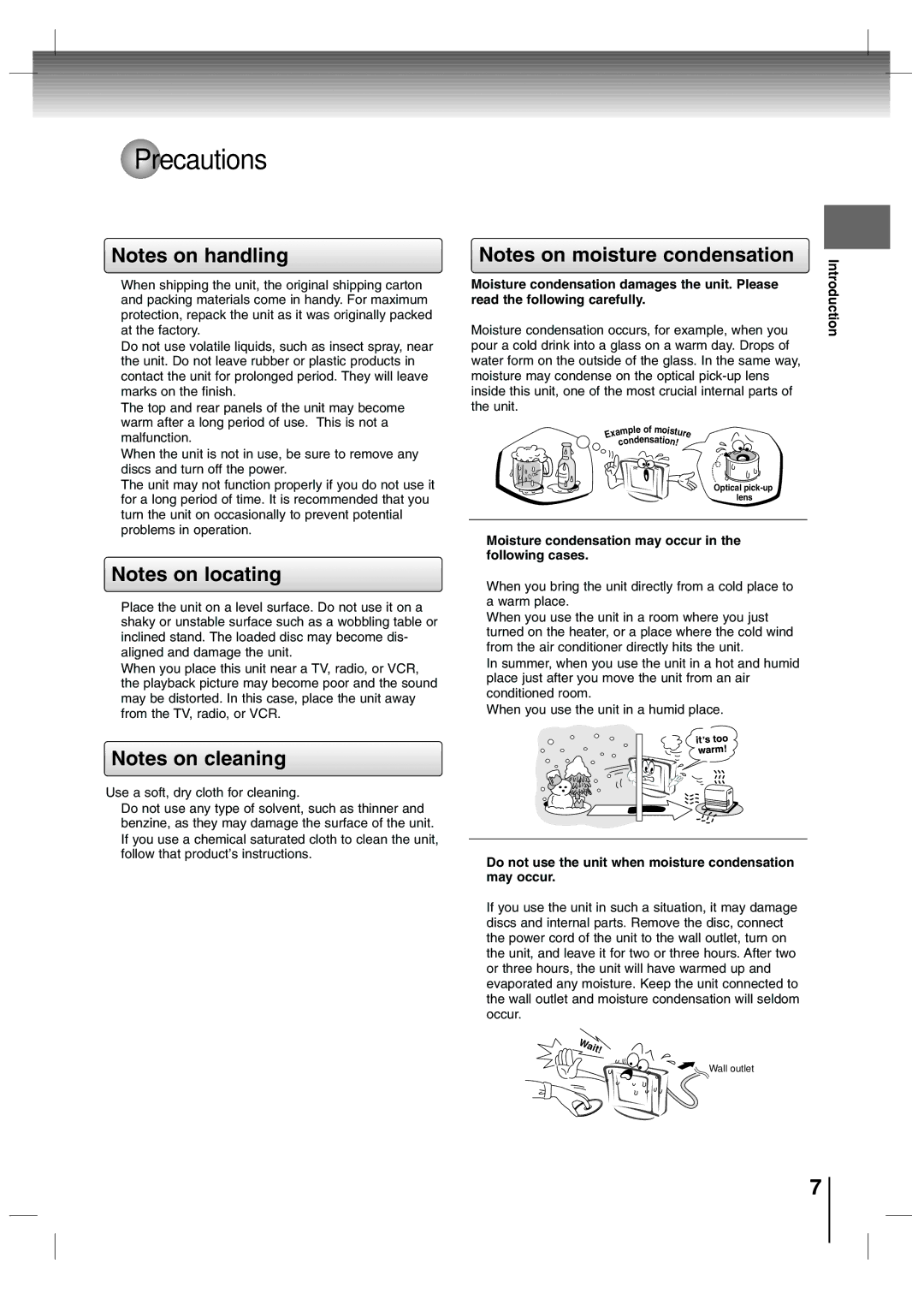 Toshiba SD-P7000 owner manual Precautions, Moisture condensation may occur in the following cases, Wait 