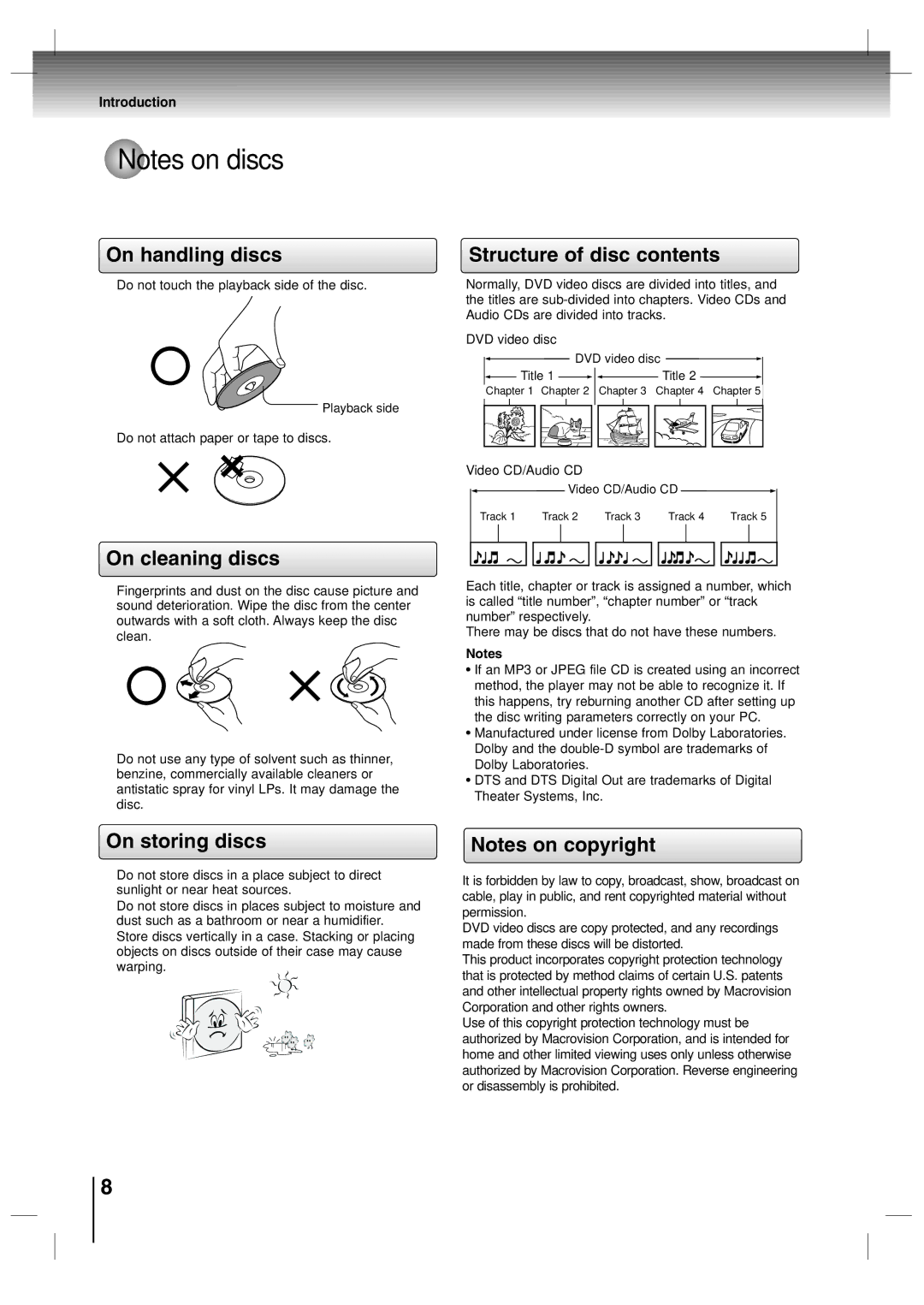 Toshiba SD-P7000 owner manual On handling discs, On cleaning discs, On storing discs, Structure of disc contents 