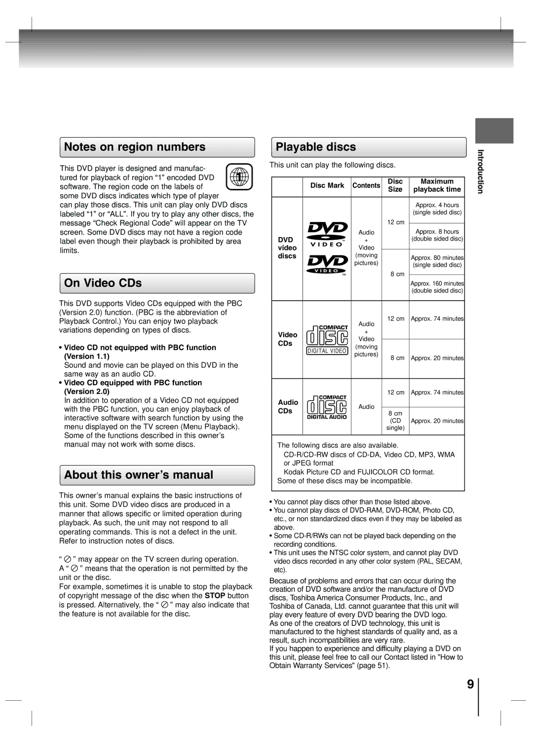 Toshiba SD-P7000 owner manual On Video CDs, Playable discs 