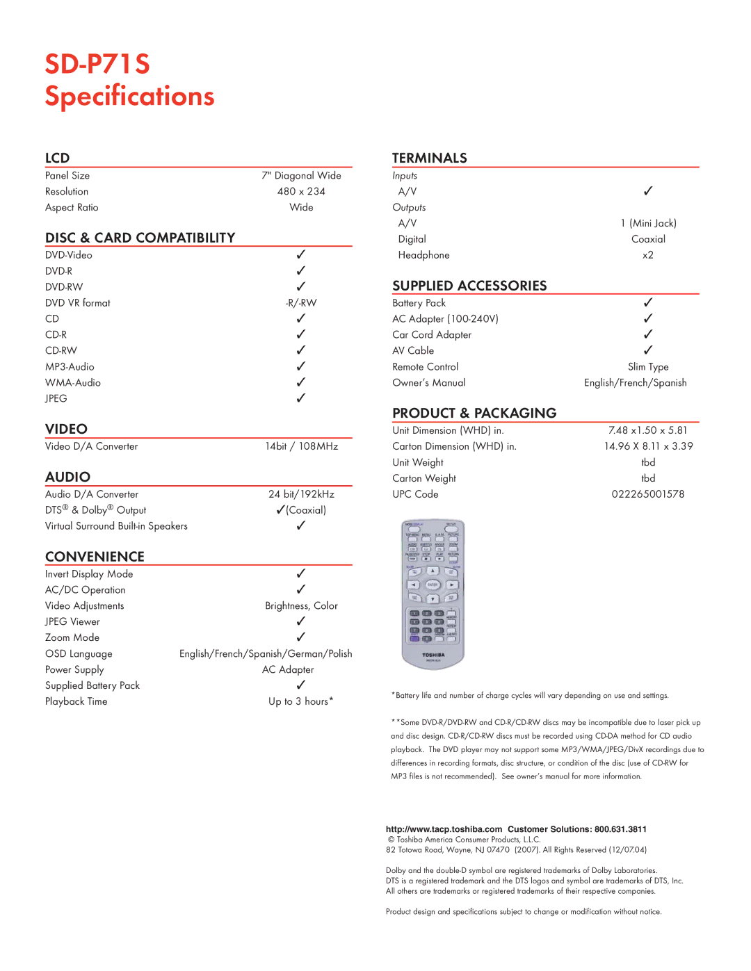 Toshiba SD-P71S manual Lcd, Disc & Card Compatibility, Video, Audio, Convenience, Terminals, Supplied Accessories 