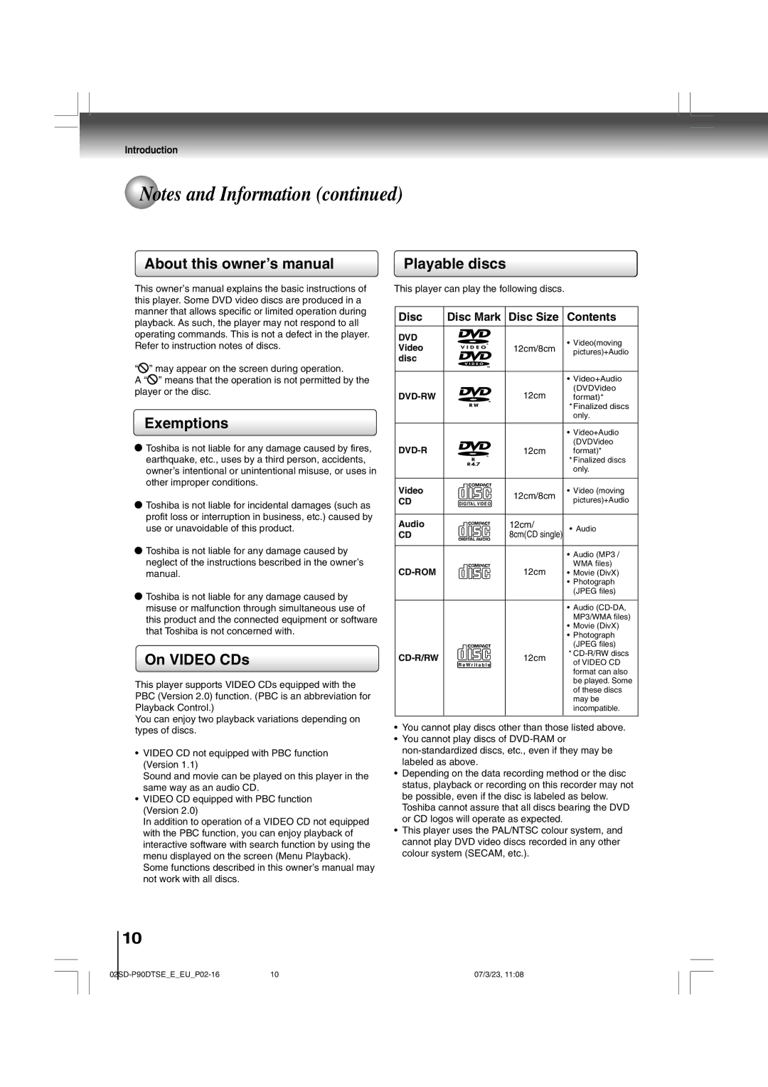 Toshiba SD-P90DTSE owner manual Exemptions, On Video CDs, Playable discs, Disc Disc Mark Disc Size Contents 