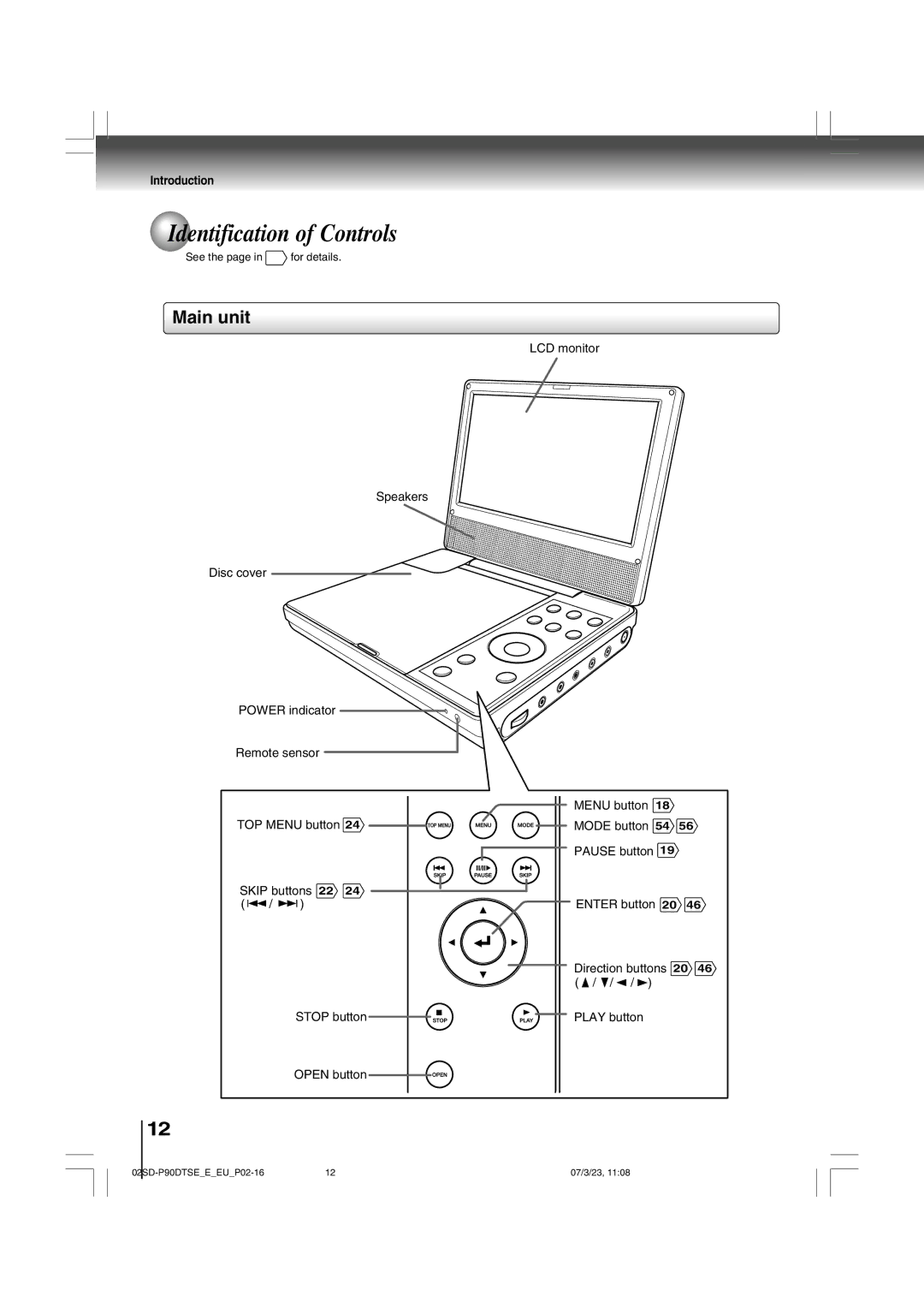 Toshiba SD-P90DTSE owner manual Identification of Controls, Main unit 