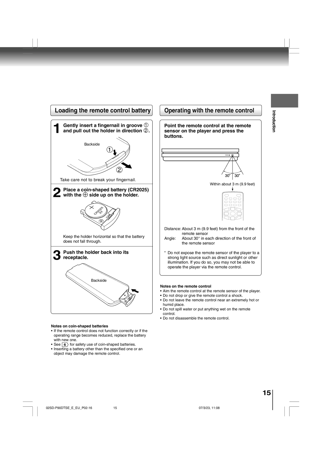 Toshiba SD-P90DTSE owner manual Loading the remote control battery, Operating with the remote control 