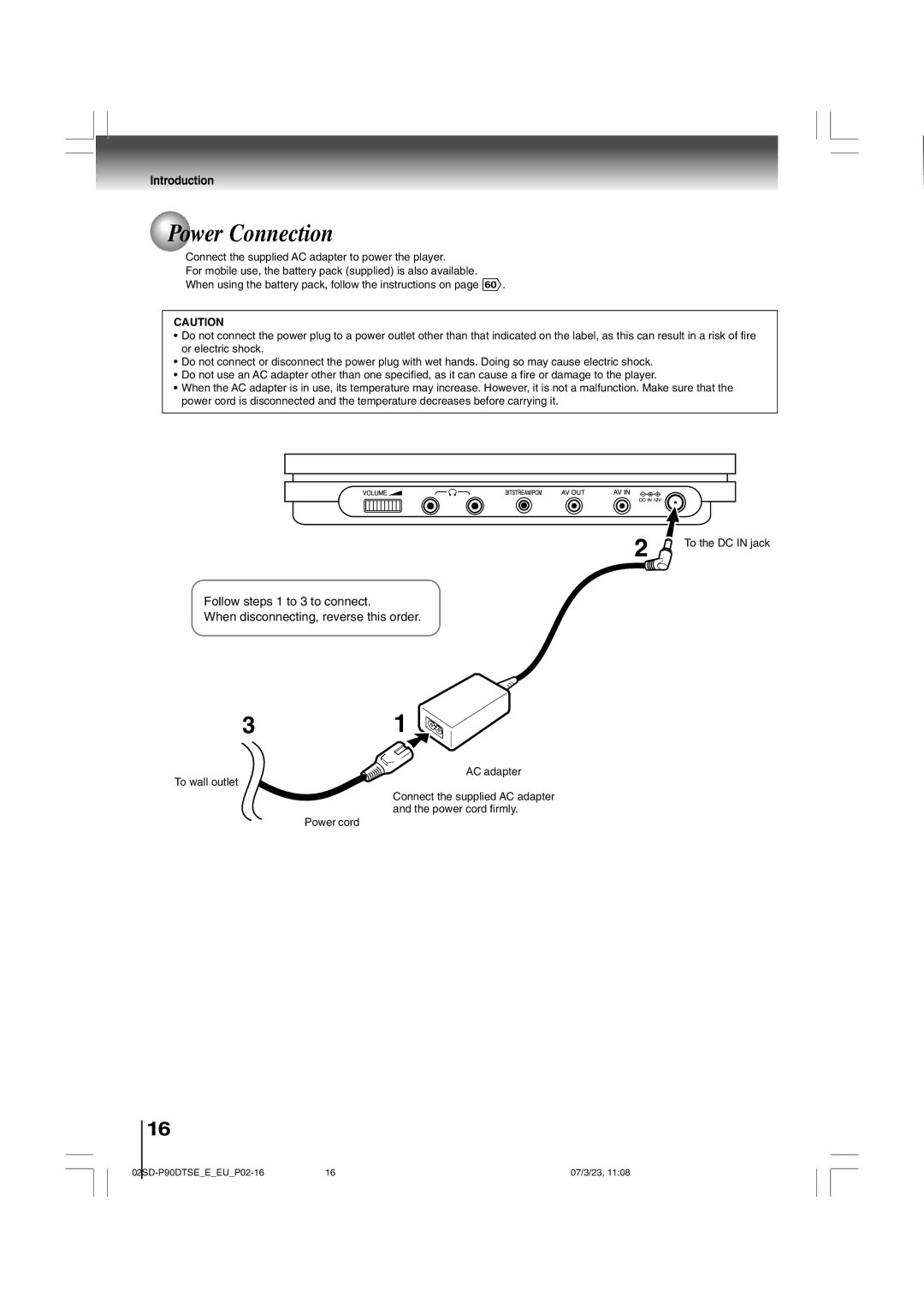 Toshiba SD-P90DTSE owner manual Power Connection 