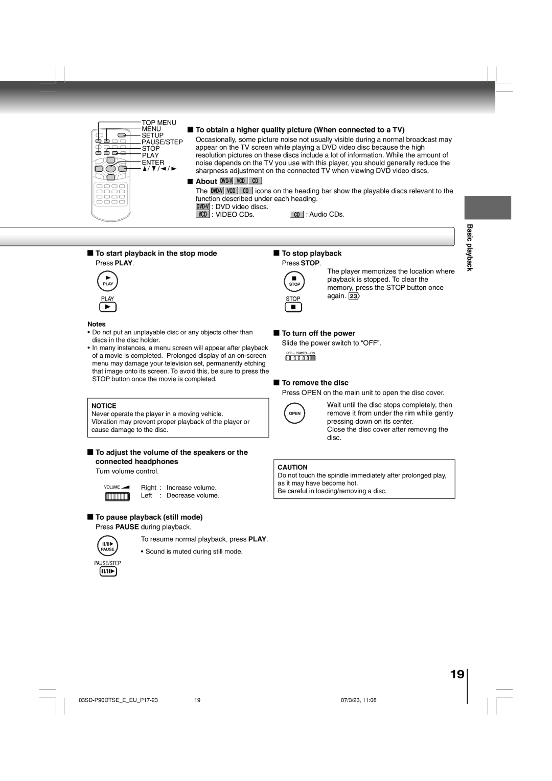 Toshiba SD-P90DTSE To obtain a higher quality picture When connected to a TV, To turn off the power, To remove the disc 