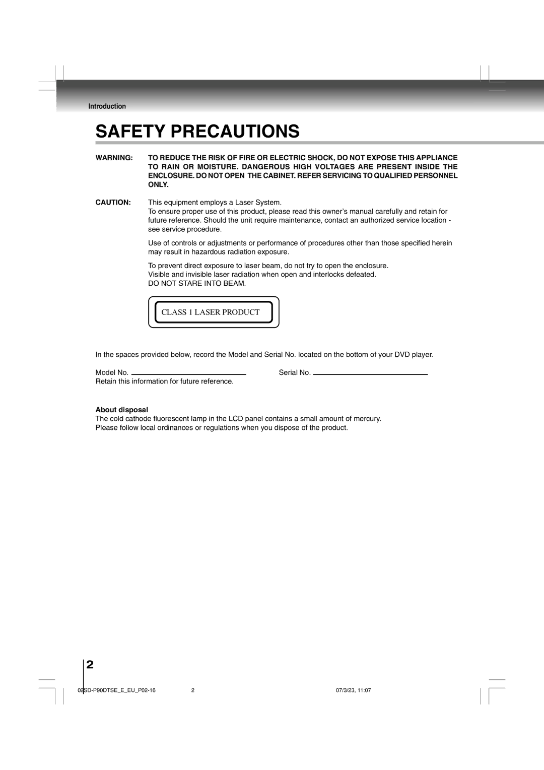 Toshiba SD-P90DTSE owner manual Introduction, About disposal 