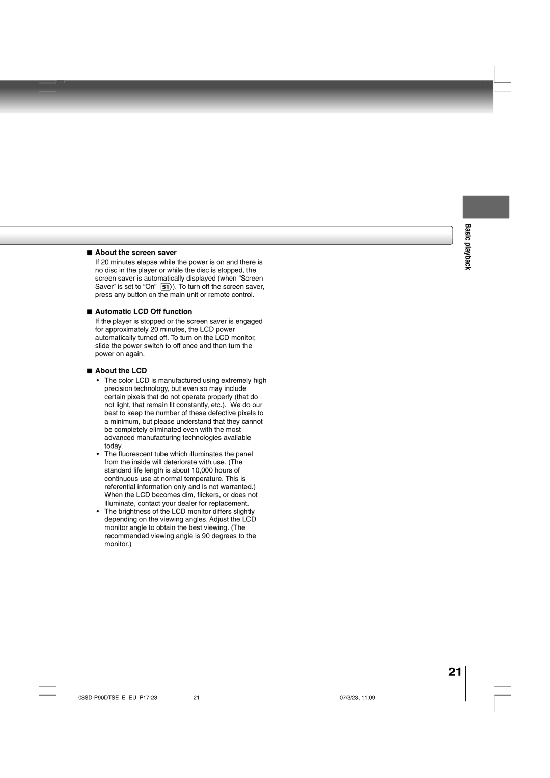 Toshiba SD-P90DTSE owner manual About the screen saver, Automatic LCD Off function, About the LCD 