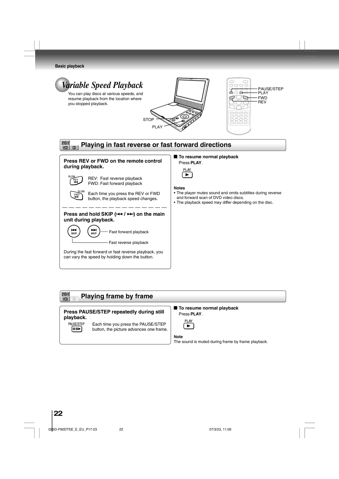 Toshiba SD-P90DTSE Variable Speed Playback, Playing in fast reverse or fast forward directions, Playing frame by frame 