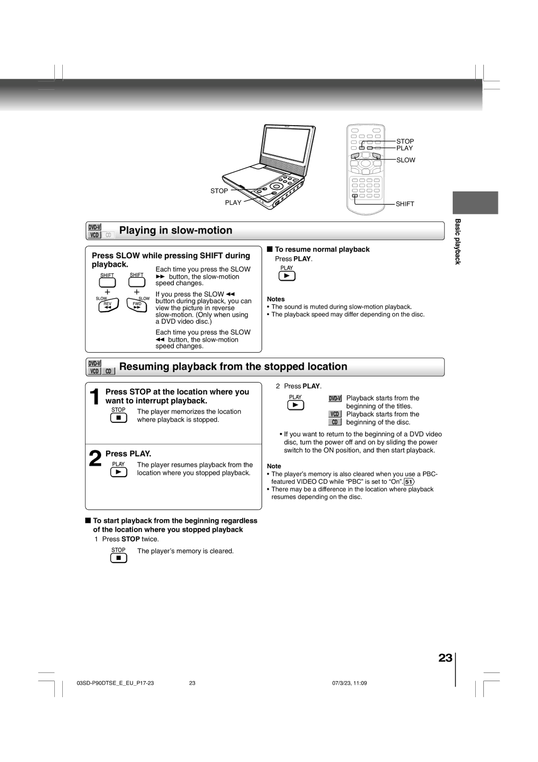 Toshiba SD-P90DTSE owner manual Playing in slow-motion, CD Resuming playback from the stopped location 