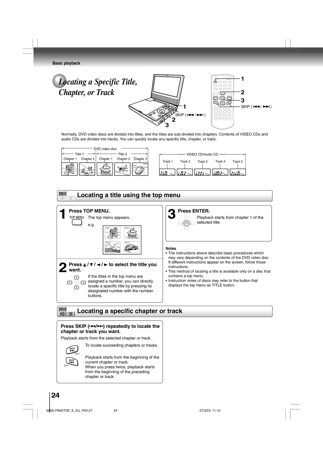 Toshiba SD-P90DTSE Locating a title using the top menu, Locating a specific chapter or track, Press TOP Menu, Press Enter 