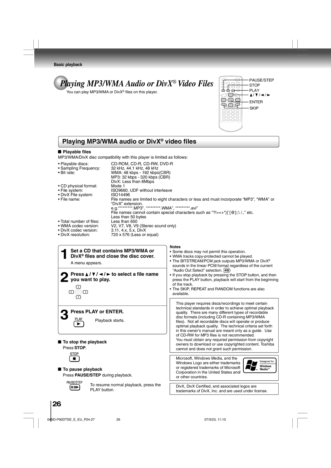 Toshiba SD-P90DTSE Playing MP3/WMA audio or DivX video files, Playable files, To stop the playback, To pause playback 