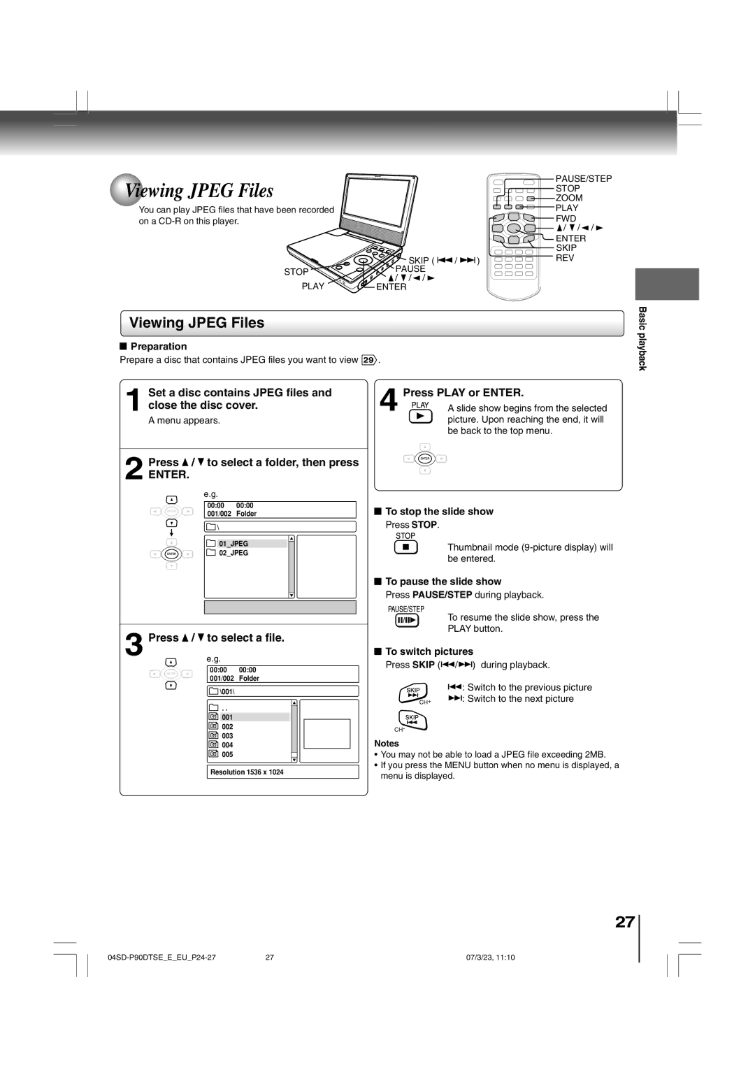 Toshiba SD-P90DTSE owner manual Viewing Jpeg Files, Press / to select a folder, then press, Press / to select a file 