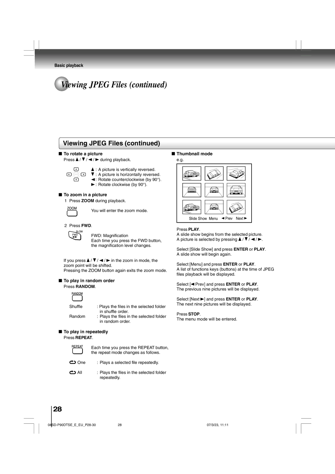 Toshiba SD-P90DTSE owner manual To rotate a picture, To zoom in a picture, To play in random order, To play in repeatedly 