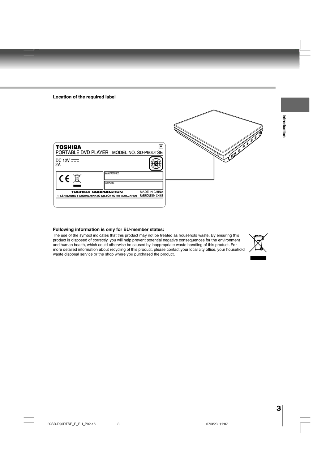 Toshiba SD-P90DTSE Location of the required label, Following information is only for EU-member states, Introduction 