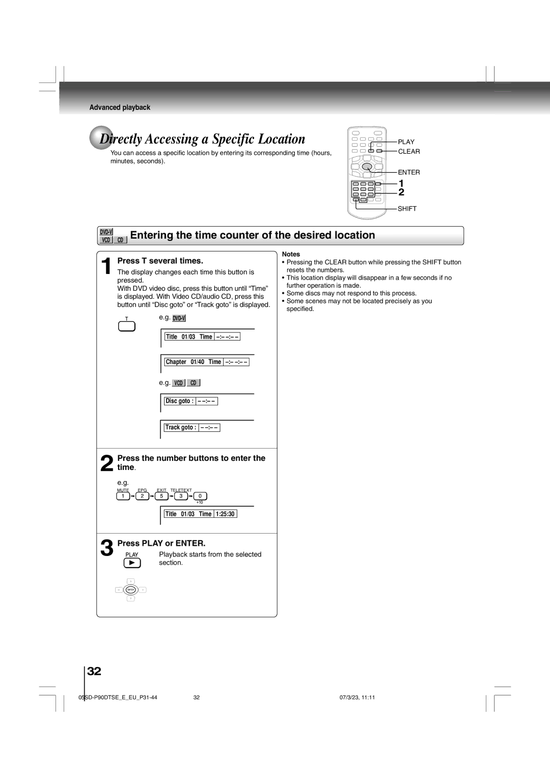 Toshiba SD-P90DTSE Directly Accessing a Specific Location, CD Entering the time counter of the desired location 