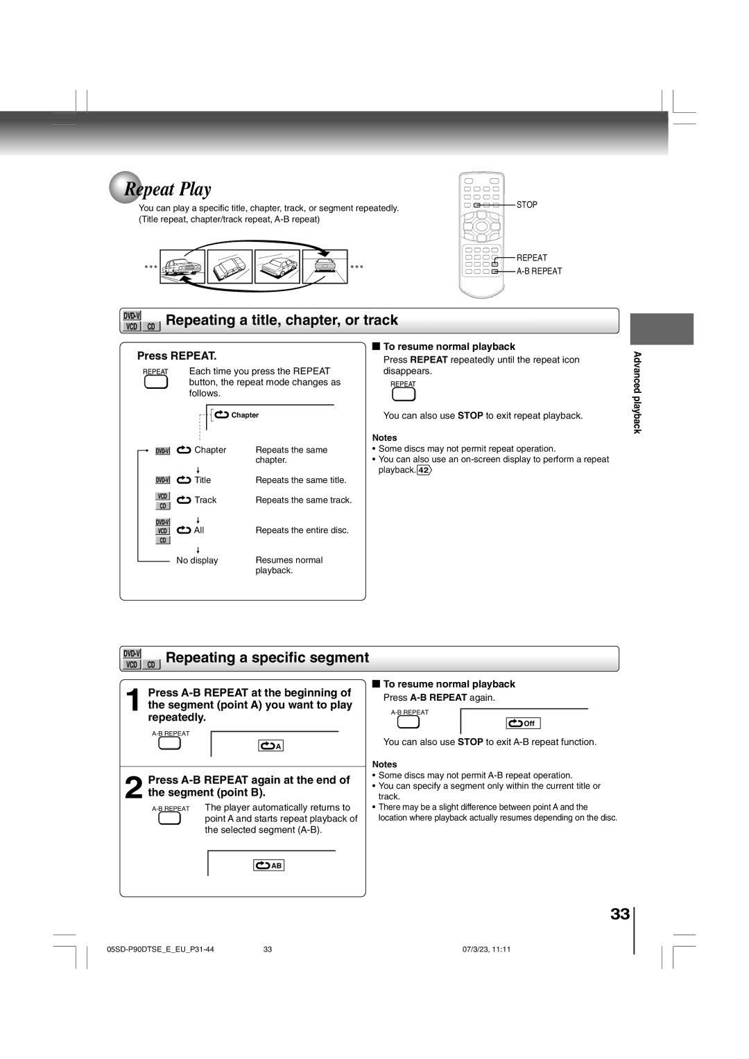 Toshiba SD-P90DTSE Repeat Play, Repeating a title, chapter, or track, Repeating a specific segment, Press Repeat 