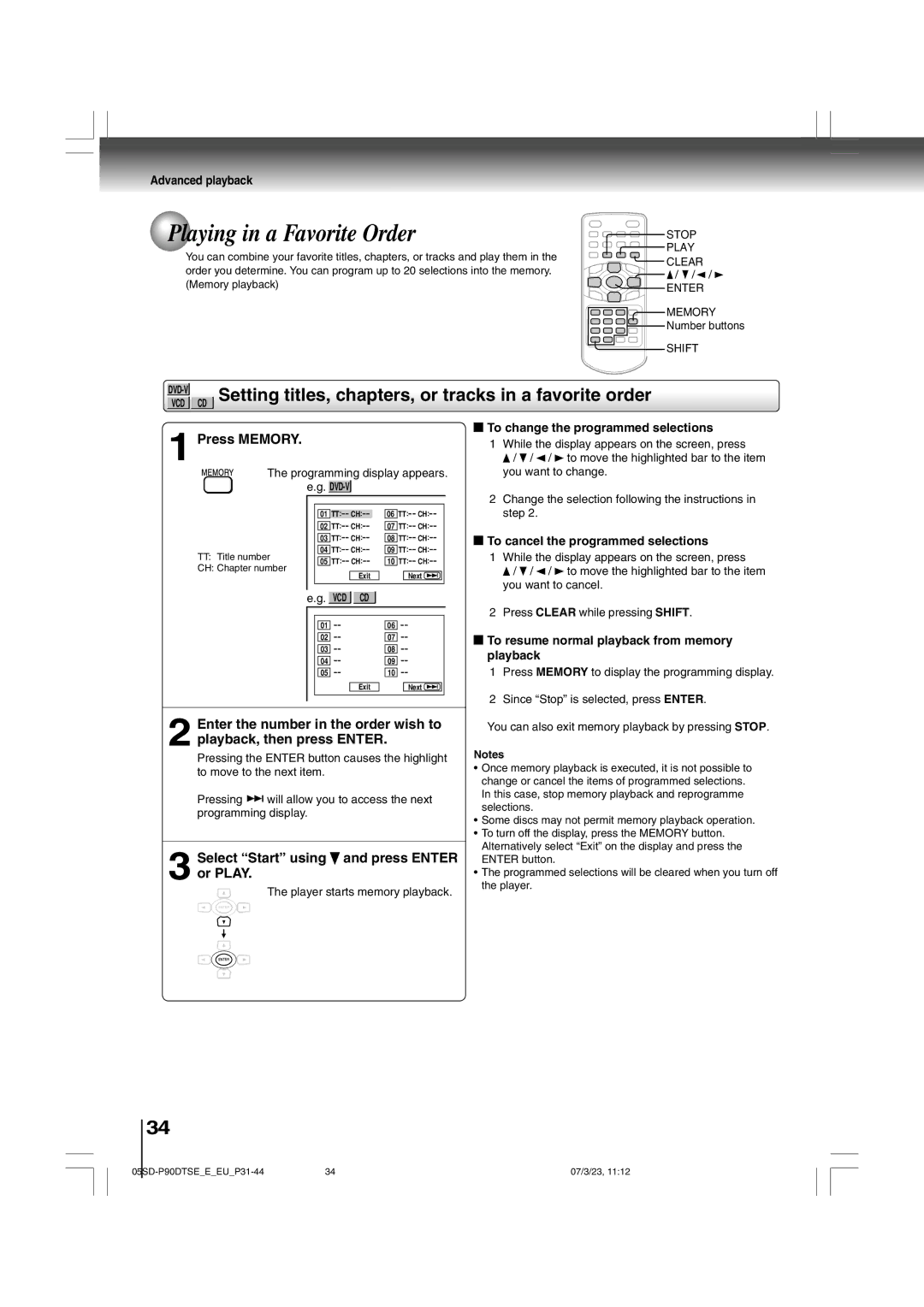 Toshiba SD-P90DTSE Playing in a Favorite Order, Setting titles, chapters, or tracks in a favorite order, Press Memory 