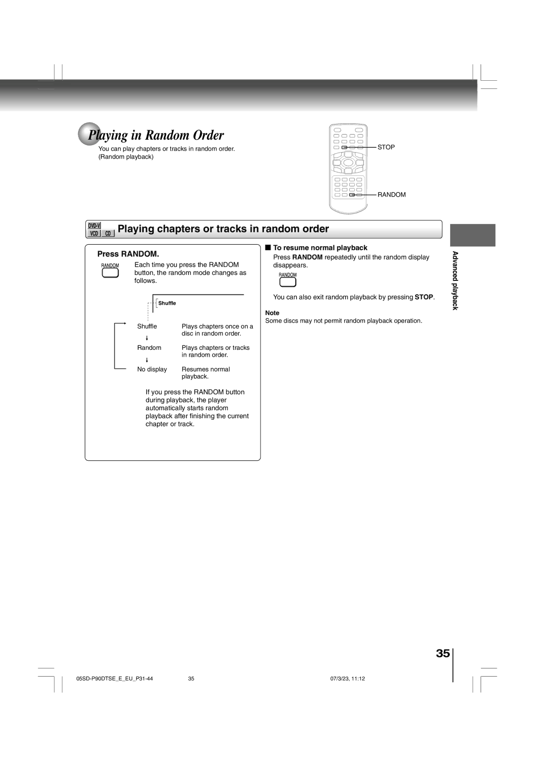 Toshiba SD-P90DTSE Playing in Random Order, Playing chapters or tracks in random order, Press Random, Advanced playback 