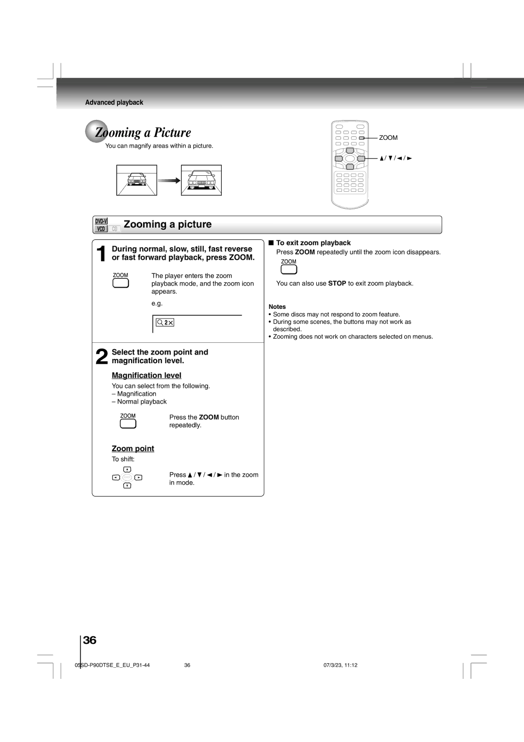 Toshiba SD-P90DTSE owner manual Zooming a Picture, Zooming a picture, Zoom point, To exit zoom playback 