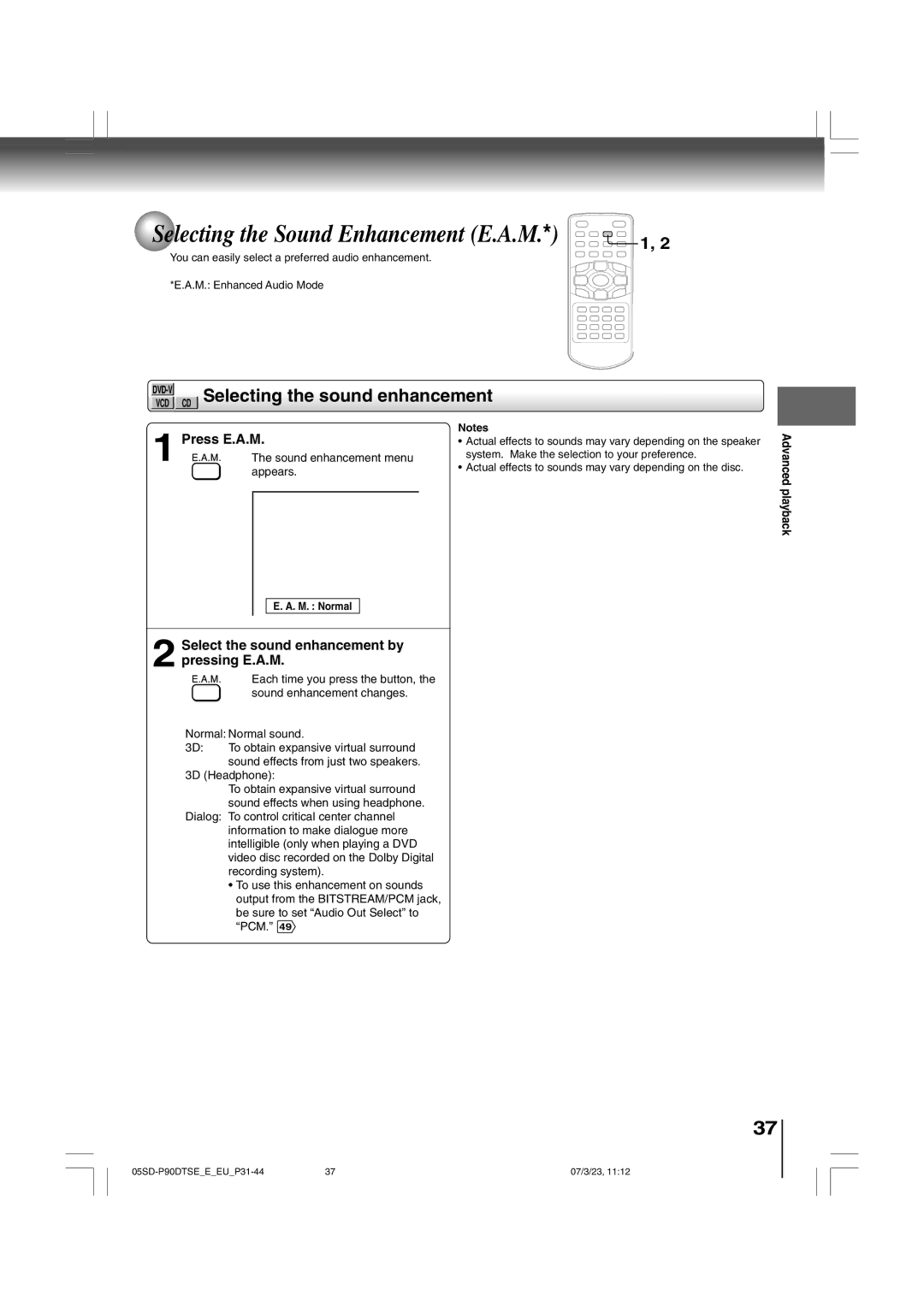 Toshiba SD-P90DTSE owner manual Selecting the Sound Enhancement E.A.M.* 1, CD Selecting the sound enhancement, Press E.A.M 