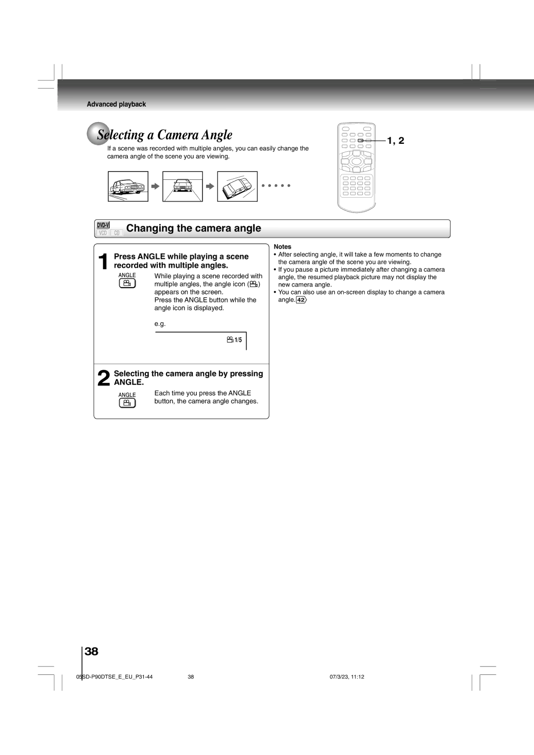 Toshiba SD-P90DTSE owner manual Selecting a Camera Angle, Changing the camera angle, Selecting the camera angle by pressing 