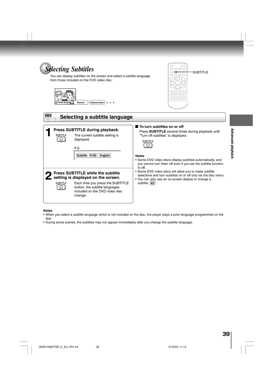 Toshiba SD-P90DTSE owner manual Selecting Subtitles, CD Selecting a subtitle language, Press Subtitle during playback 