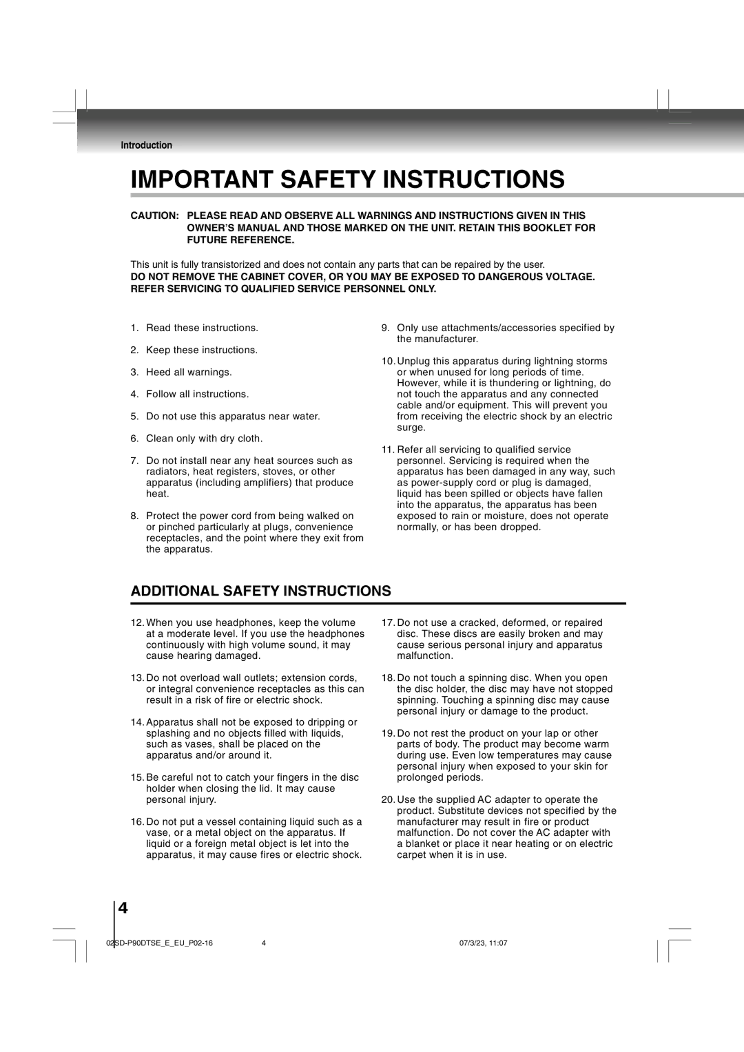 Toshiba SD-P90DTSE owner manual Important Safety Instructions 