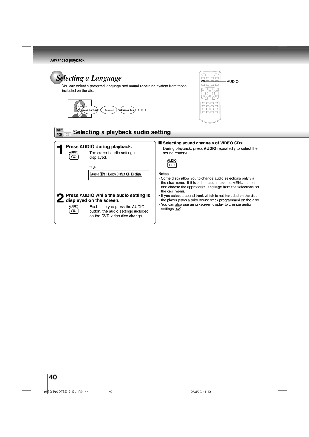 Toshiba SD-P90DTSE owner manual Selecting a Language, CD Selecting a playback audio setting, Press Audio during playback 