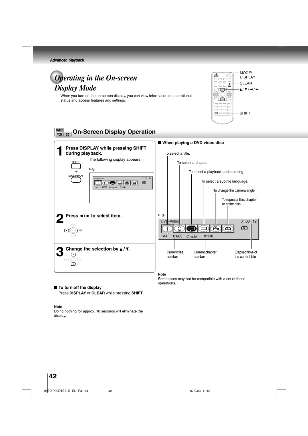 Toshiba SD-P90DTSE owner manual Operating in the On-screen, Display Mode, VCD CD On-Screen Display Operation 